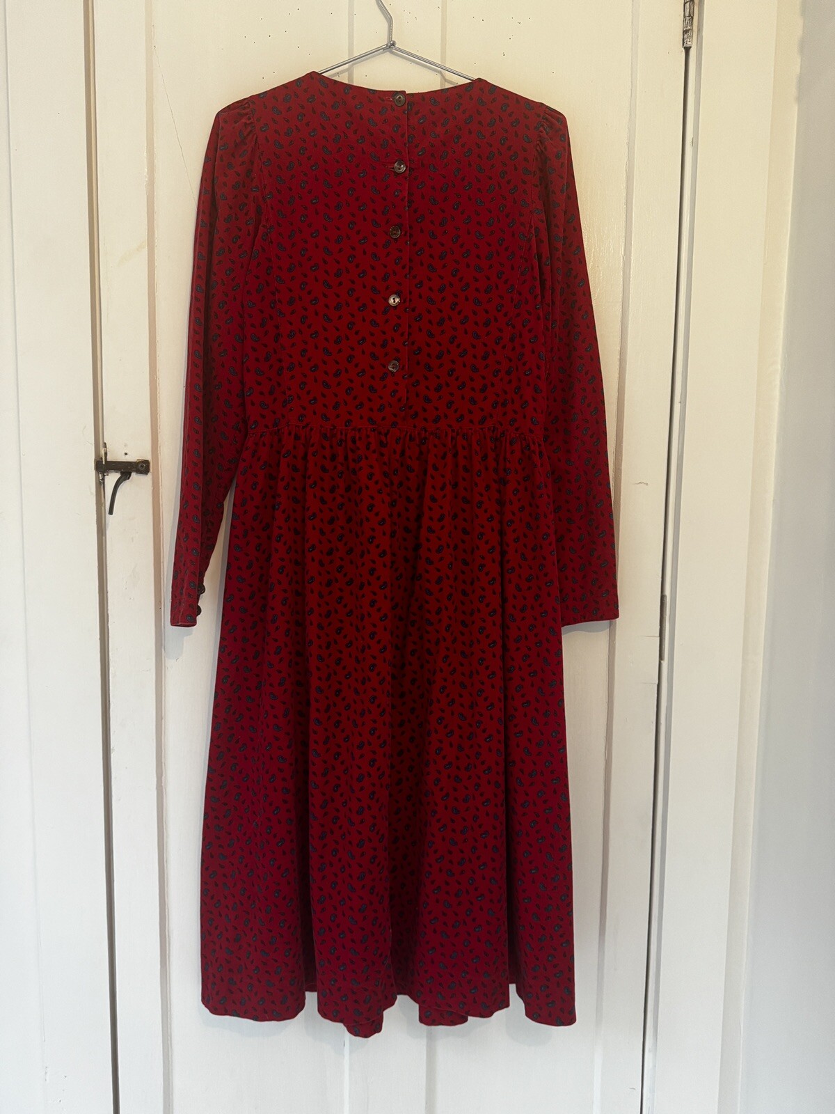 Vintage LAURA ASHLEY Red Paisley Corduroy Dress Square Collar UK 10 US 8