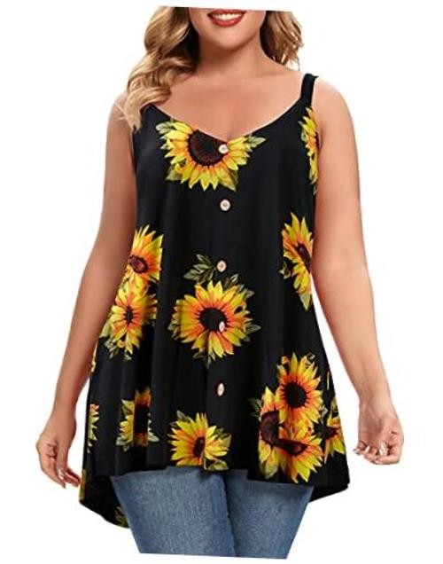 Plus Size Camisole V Neck Button Cami Tank Tops Women’s 2X Black Sunflower