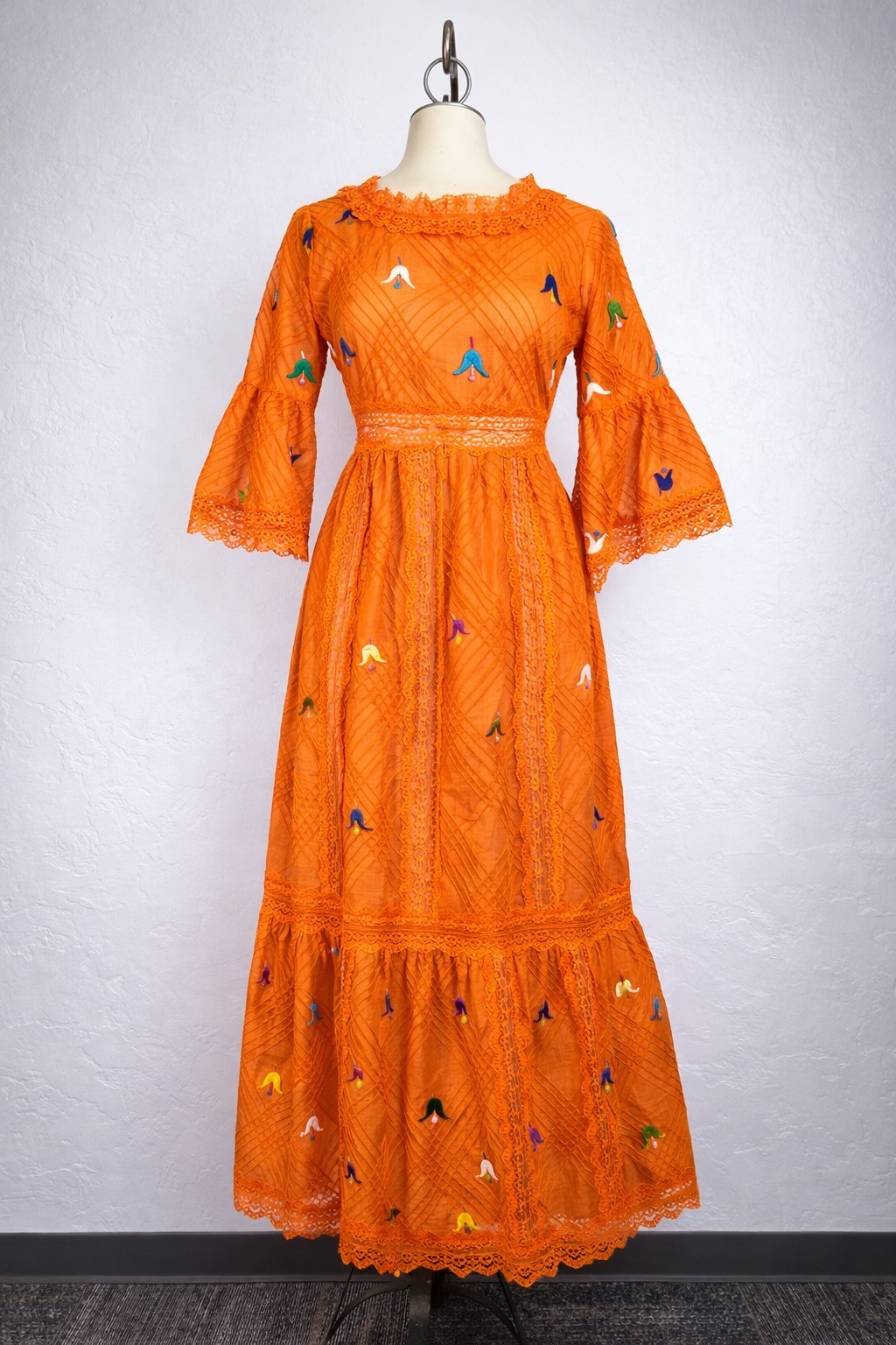 Vintage 70s Orange Embroidered Lace Maxi Dress Boho Bell Sleeve Cottagecore