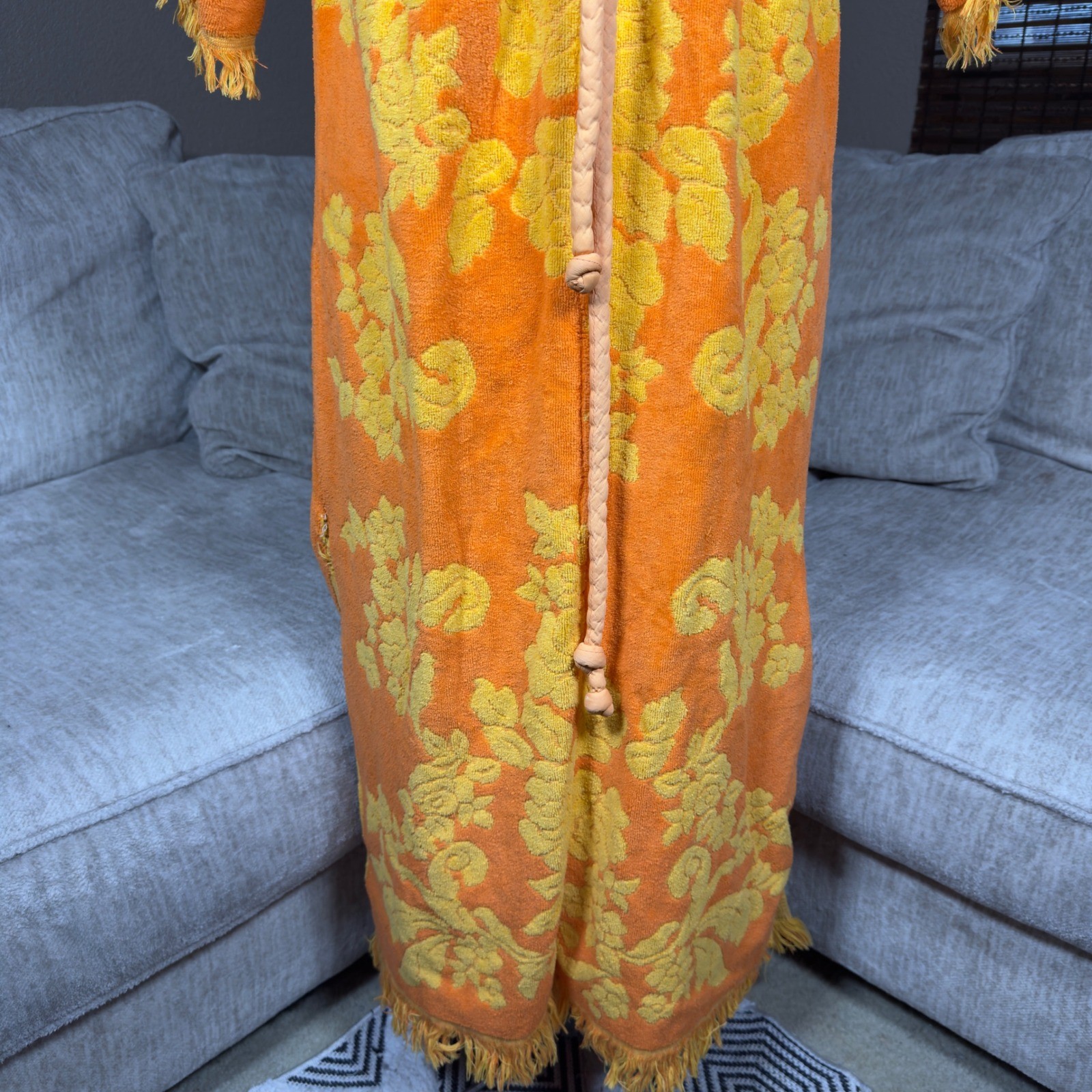 Vintage Cannon Monticello Terry Cloth Robe Orange Yellow Floral Fringe Maxi USA