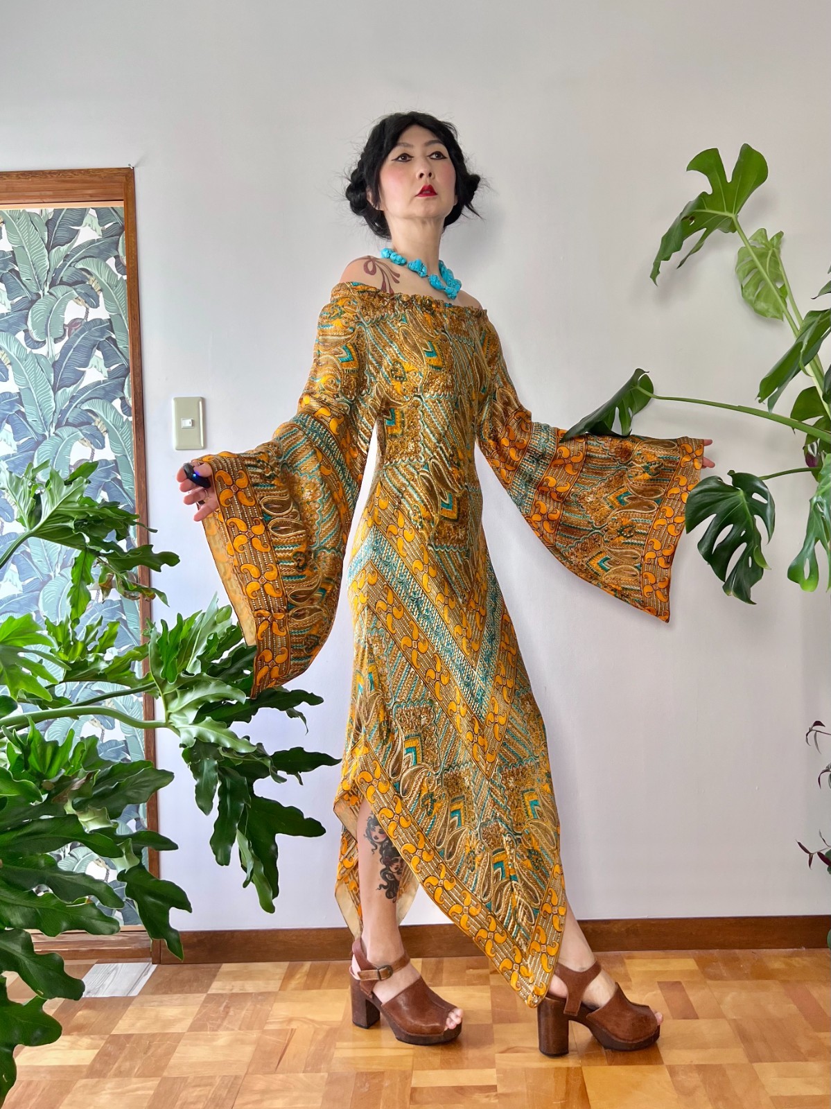 RARE 1960s 70s Psychedelic Chevron Caftan Dress Bias Cut Butterfly Sleeve Boho