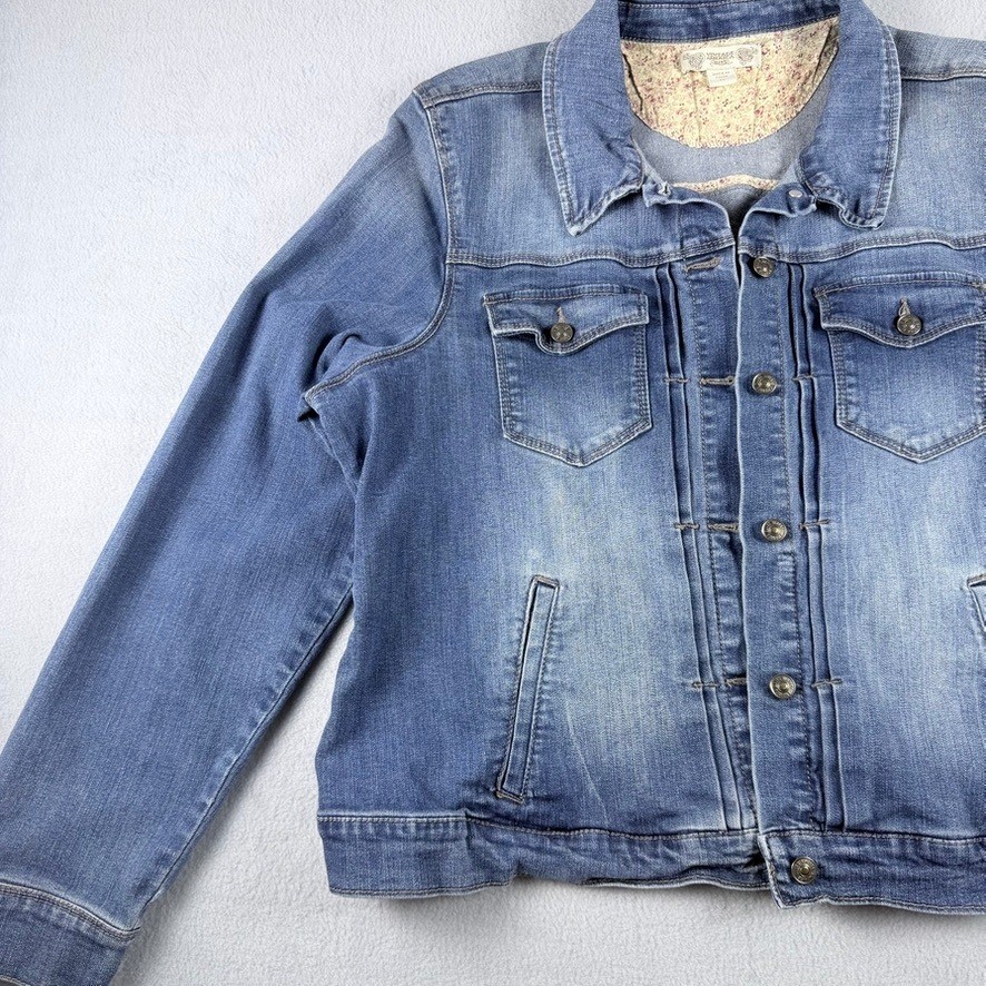 Vintage America Blues Denim Jean Jacket XL Floral Lined Stretch Trucker Blue