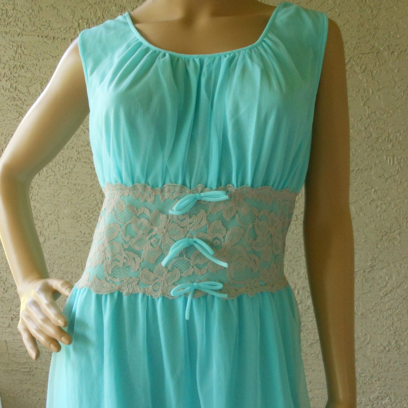 Vintage 70s Aqua Blue Nightie Size M/L Sheer Chiffon Lace Negligee Boudoir