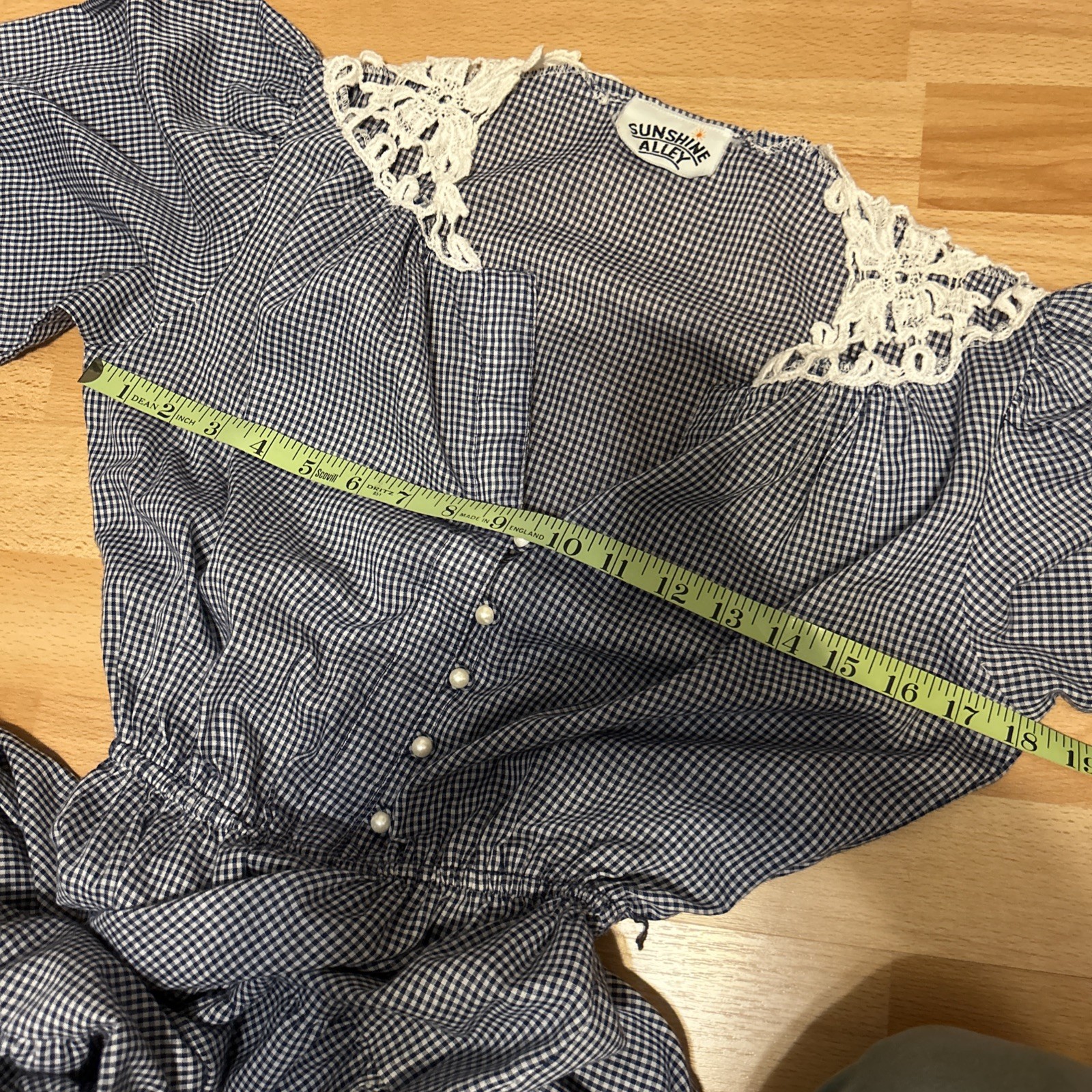Vtg 70s Milkmaid Sunshine Alley Prairie Blue Gingham swing Tiered Lace Dress S