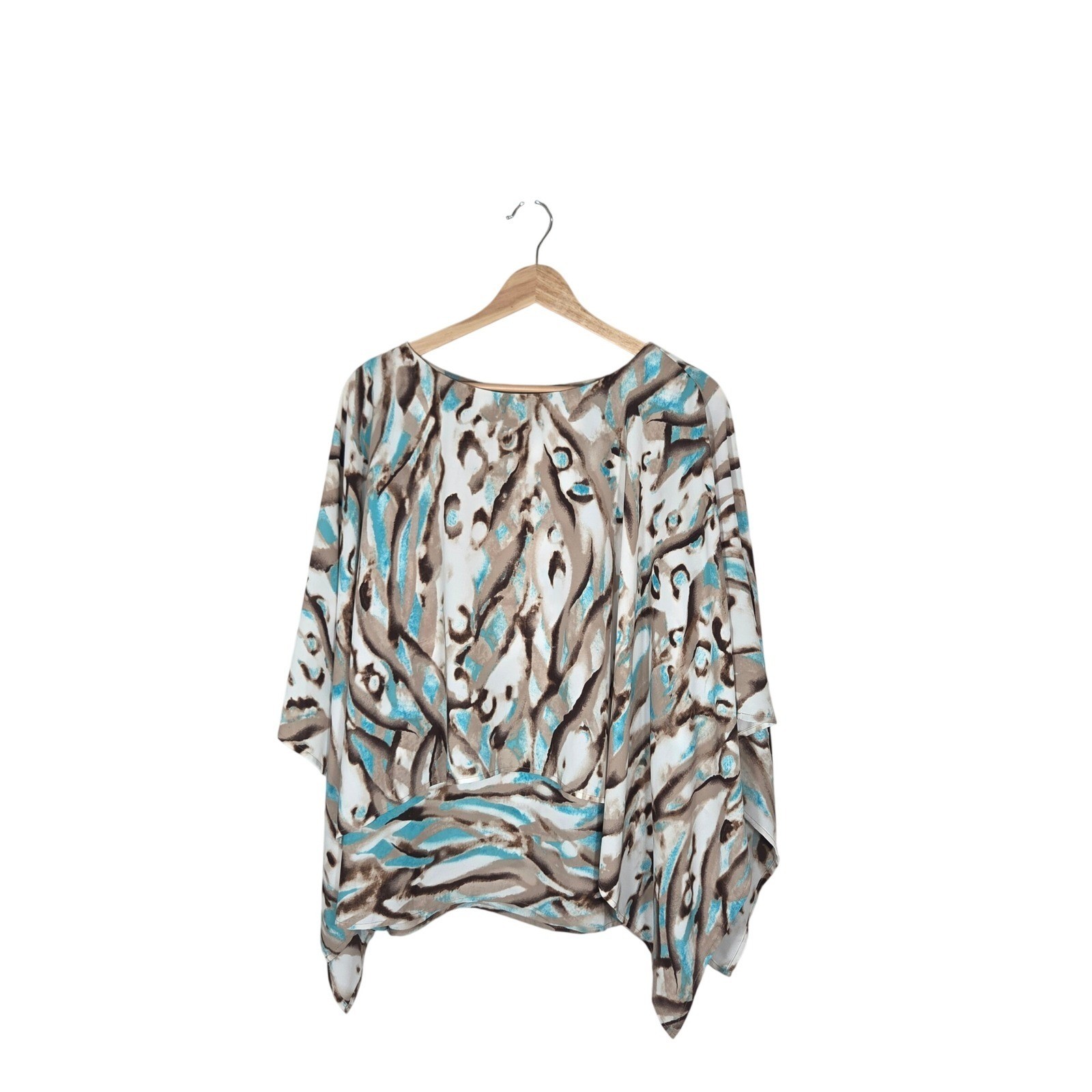 Chico’s Travelers Top Size 2 L 12 Turquoise Abstract Dolman Draped Blouse