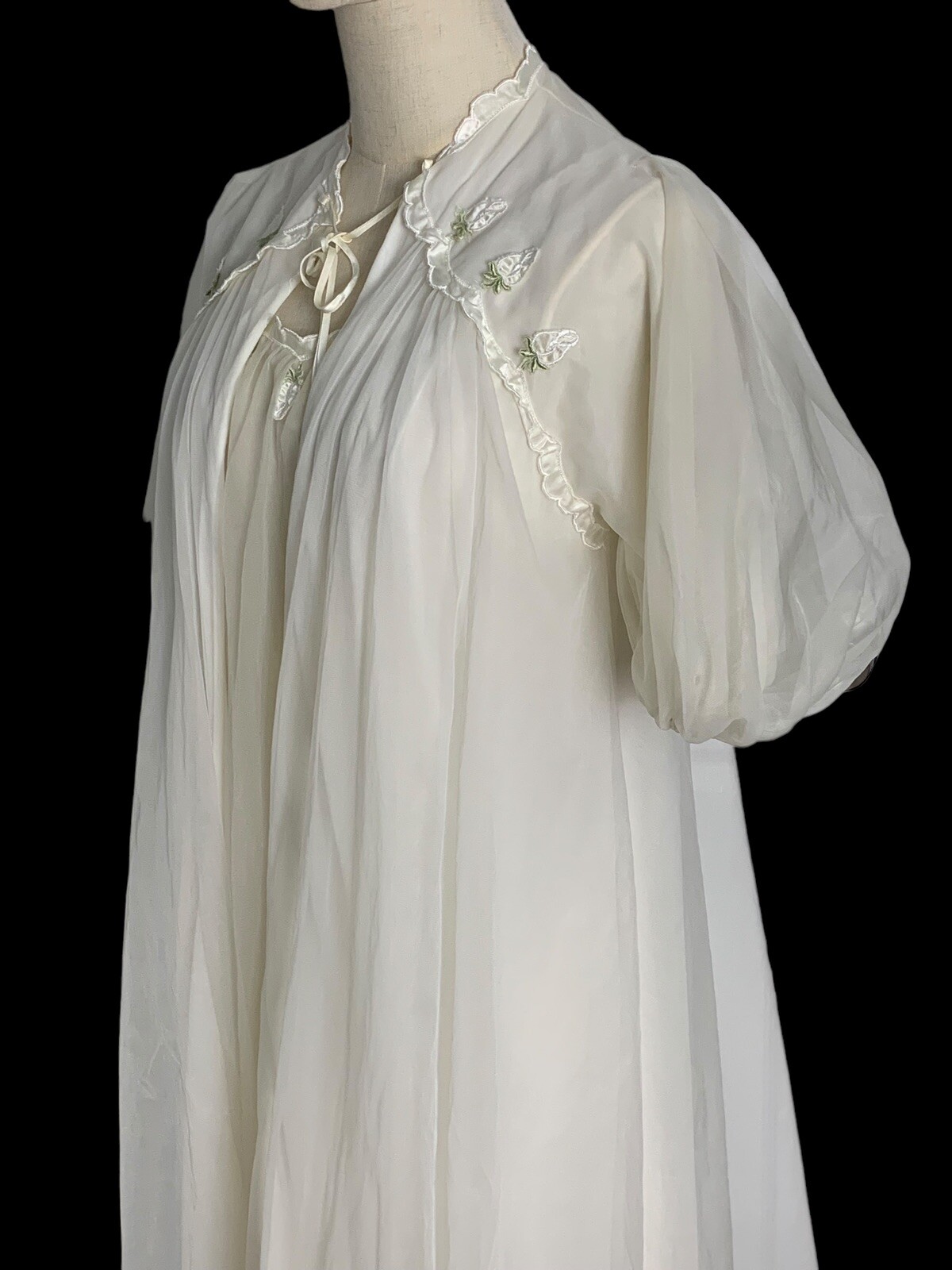 VTG Gotham gold stripe peignoir robe gown babydoll nylon slip roses chiffon 60s