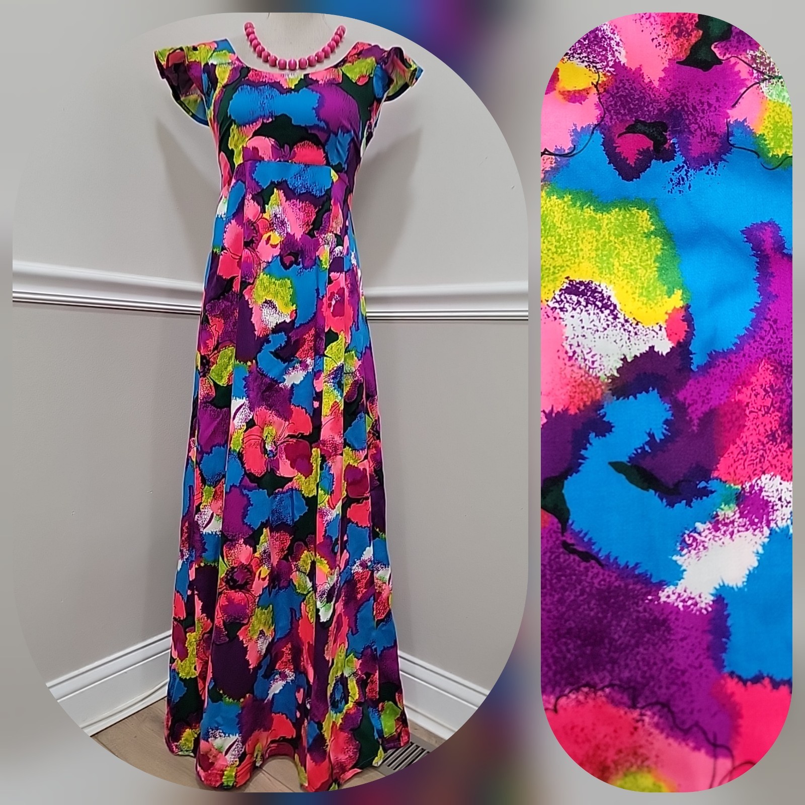 Vintage Psychedelic Tropical Hawaiian Ruffled Sleeves Mumu Maxi Dress