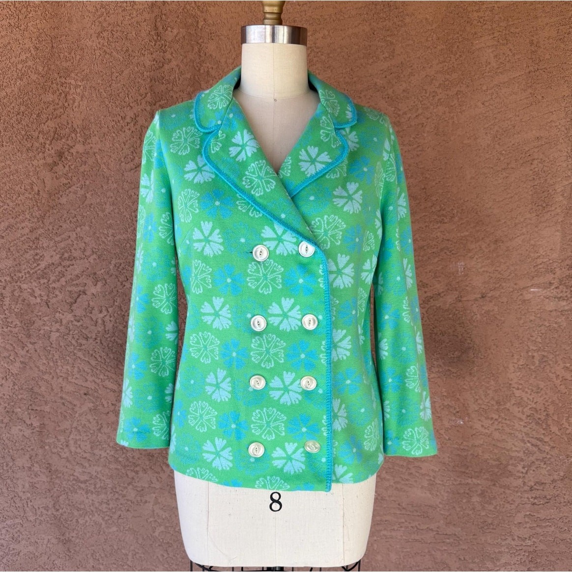 1960s Mod Floral Knit Blazer Jacket, Green Blue Orlon Double Breasted