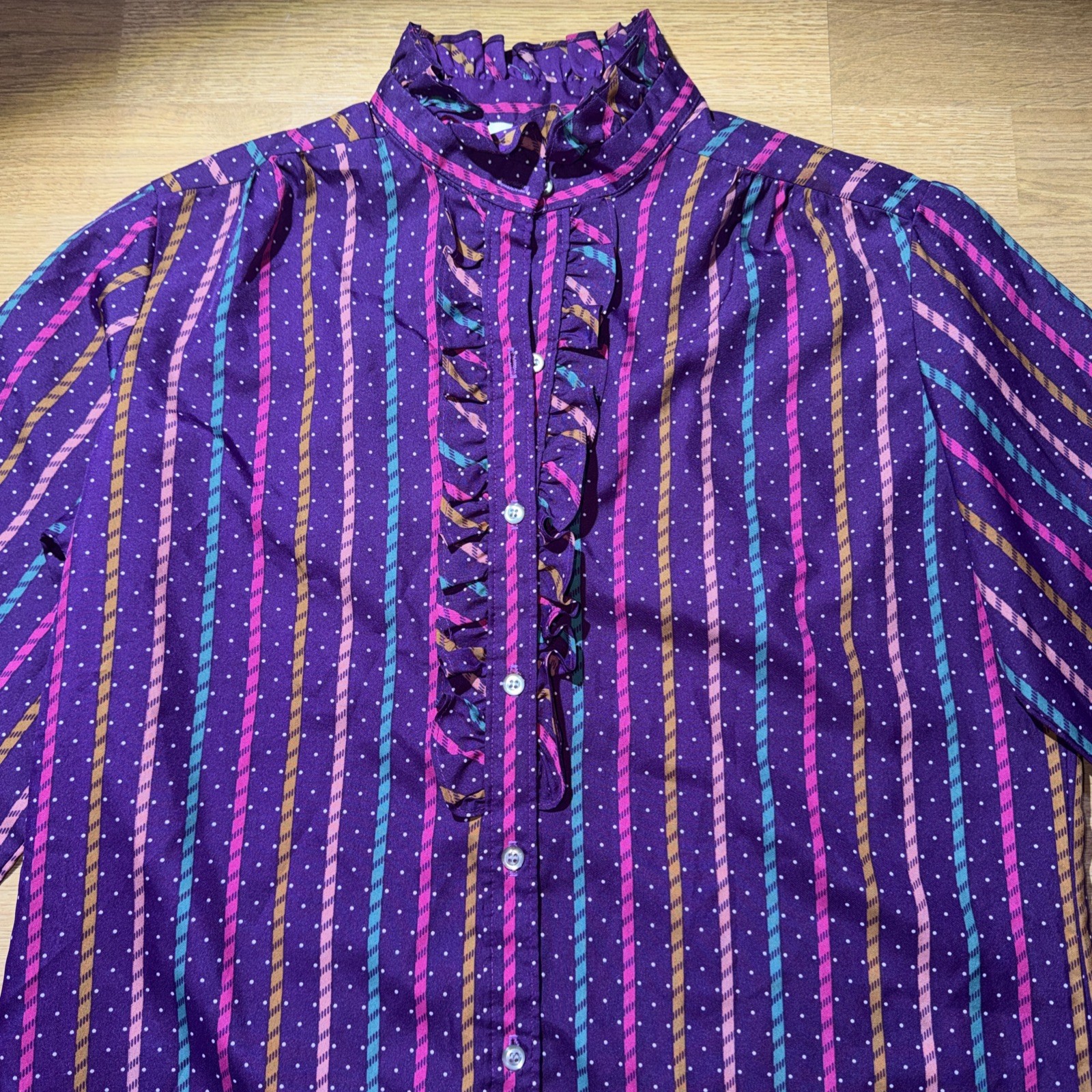 Women’s Purple Striped Polka Dot Blouse Sz Lg High Neck Ruffles Button Up VTG