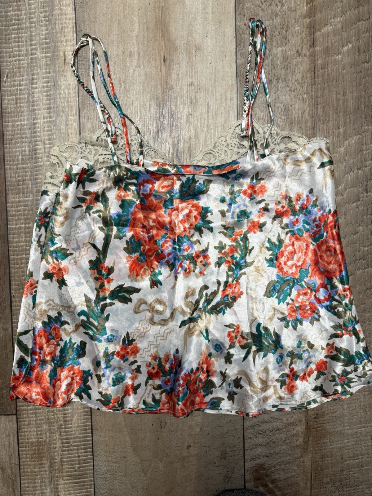 Victoria’s Secret Floral Satin Lace Trim Camisole Top M/L White Multicolor