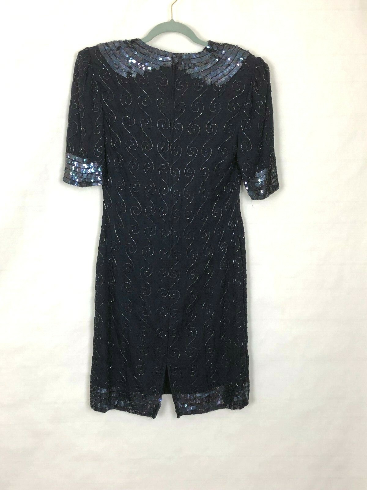 Vtg 80s Sequin Beaded Silk Dress M Glam Goth Dark Cocktail Sparkle Deco