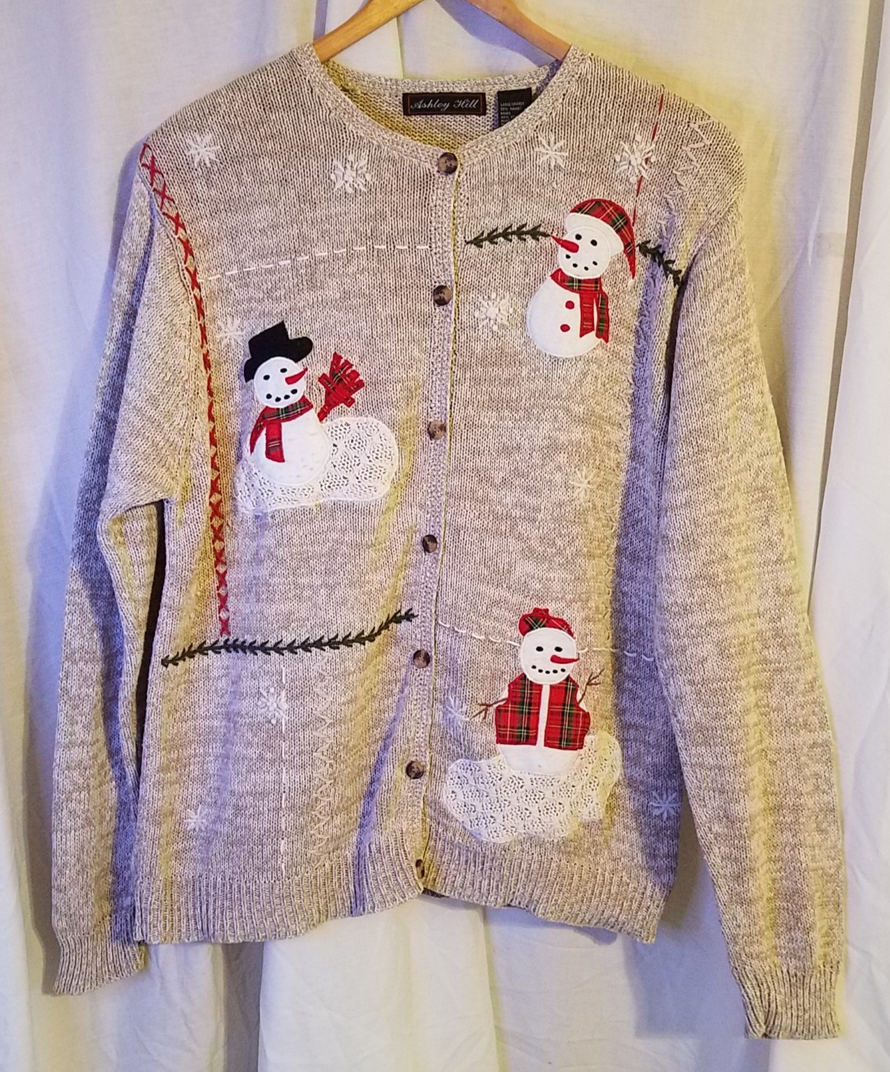 Ashley Hill Vintage 90s Christmas Sweater LG Snowman Chunky Knit Cotton Cardigan