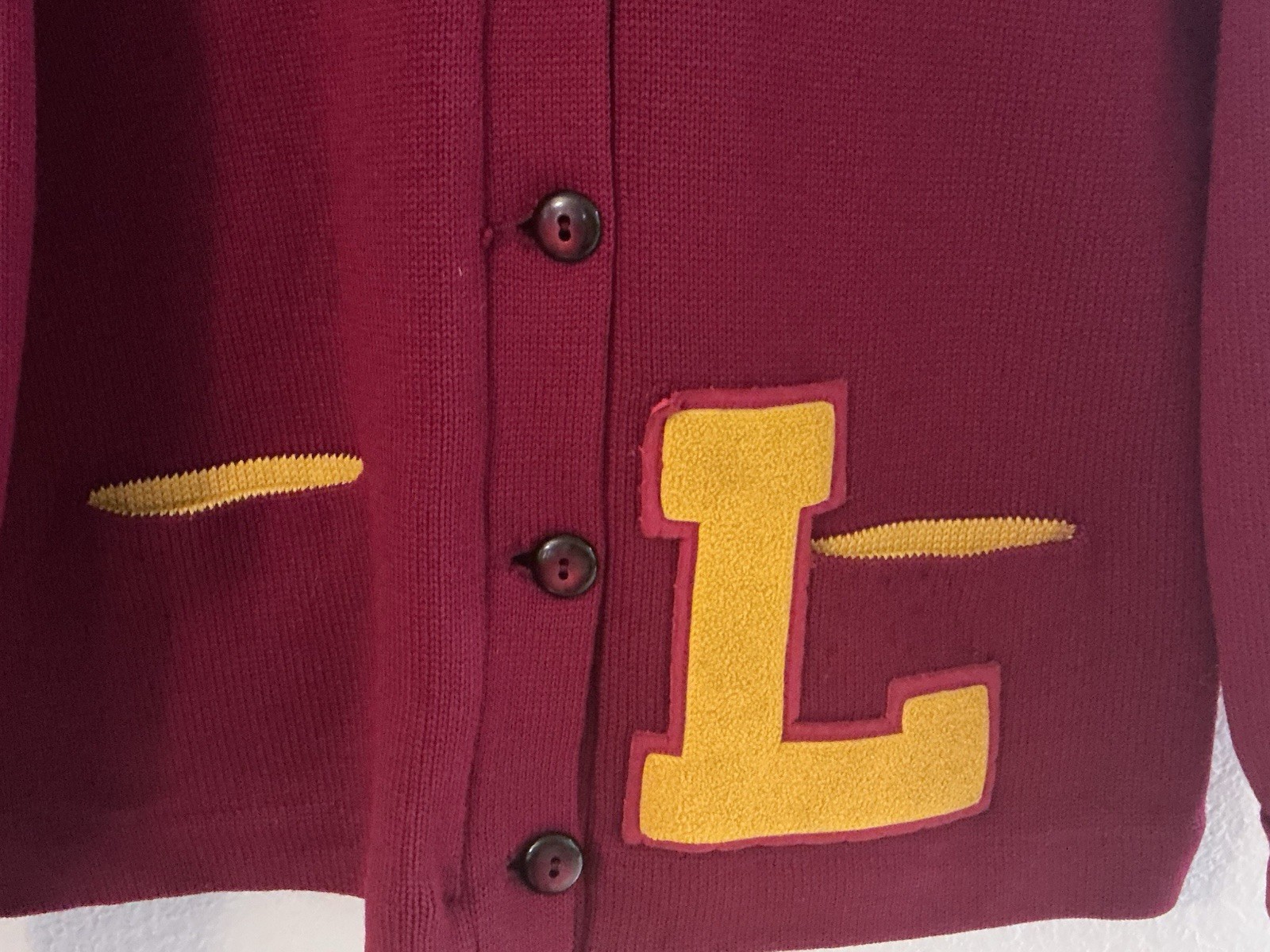 VTG Woman’s Letterman /Cheerleader Sweater Heavy Wool Knit Maroon/Gold 1964