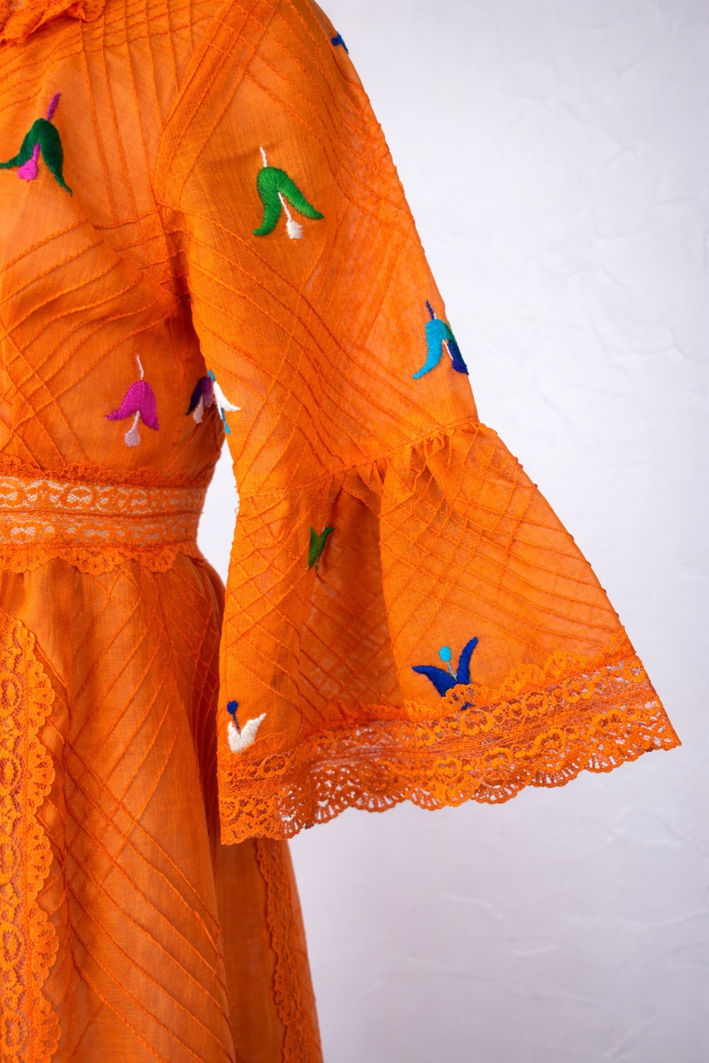 Vintage 70s Orange Embroidered Lace Maxi Dress Boho Bell Sleeve Cottagecore