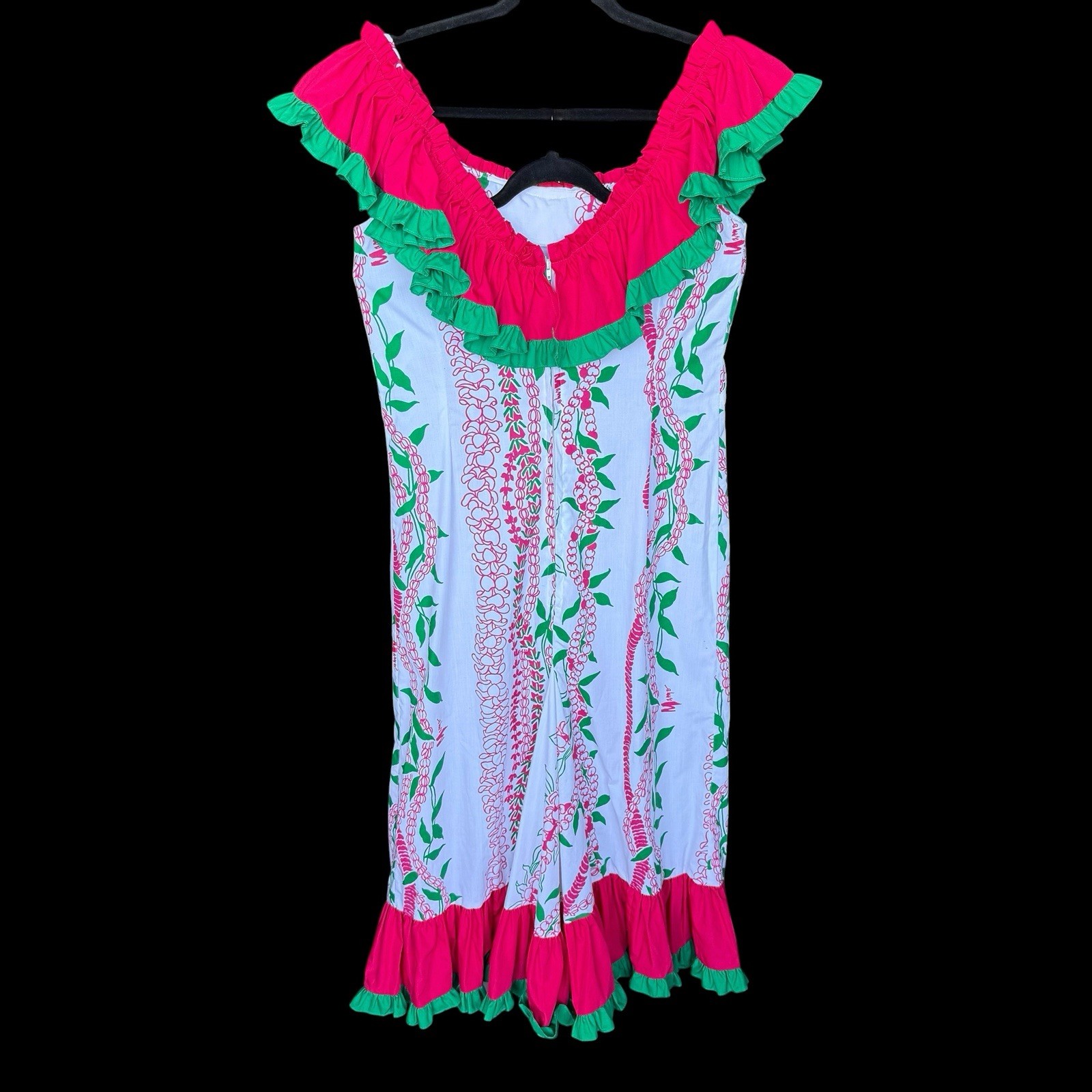 Vintage Mamo Hawaii muumuu dress fits size 8-10 Ruffle Na Lei Print