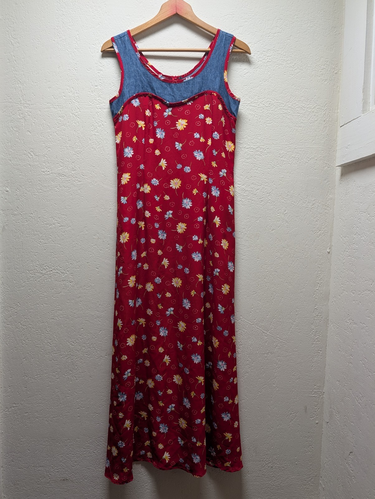 Women’s Vintage 90s Mixed Media Maxi Dress Red Floral Denim Sz 8 Grunge Western