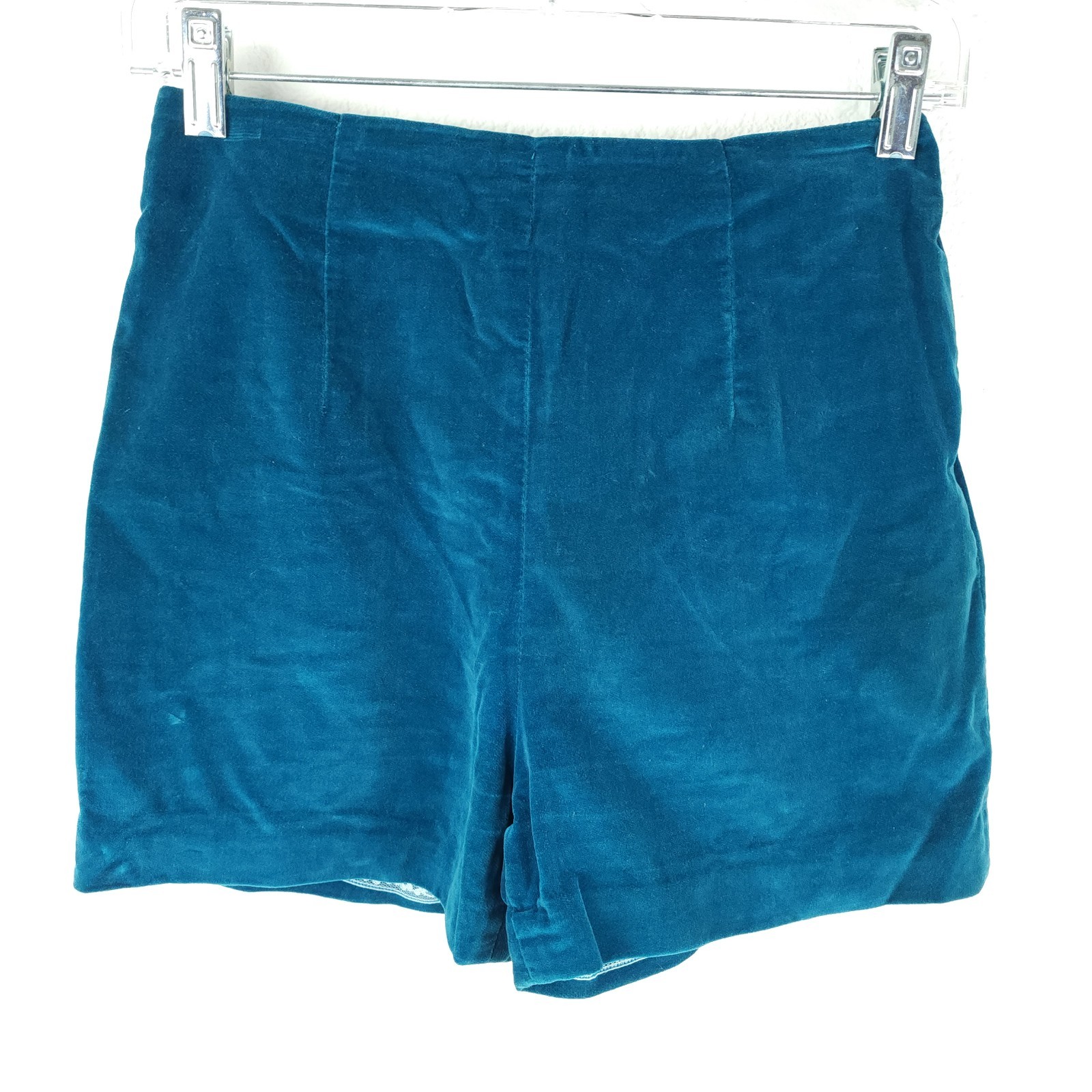 Vtg 60s Mod Go Go Teal Blue Hot Pants Velvet Pin-Up Burlesque Shorts Woodard~XS
