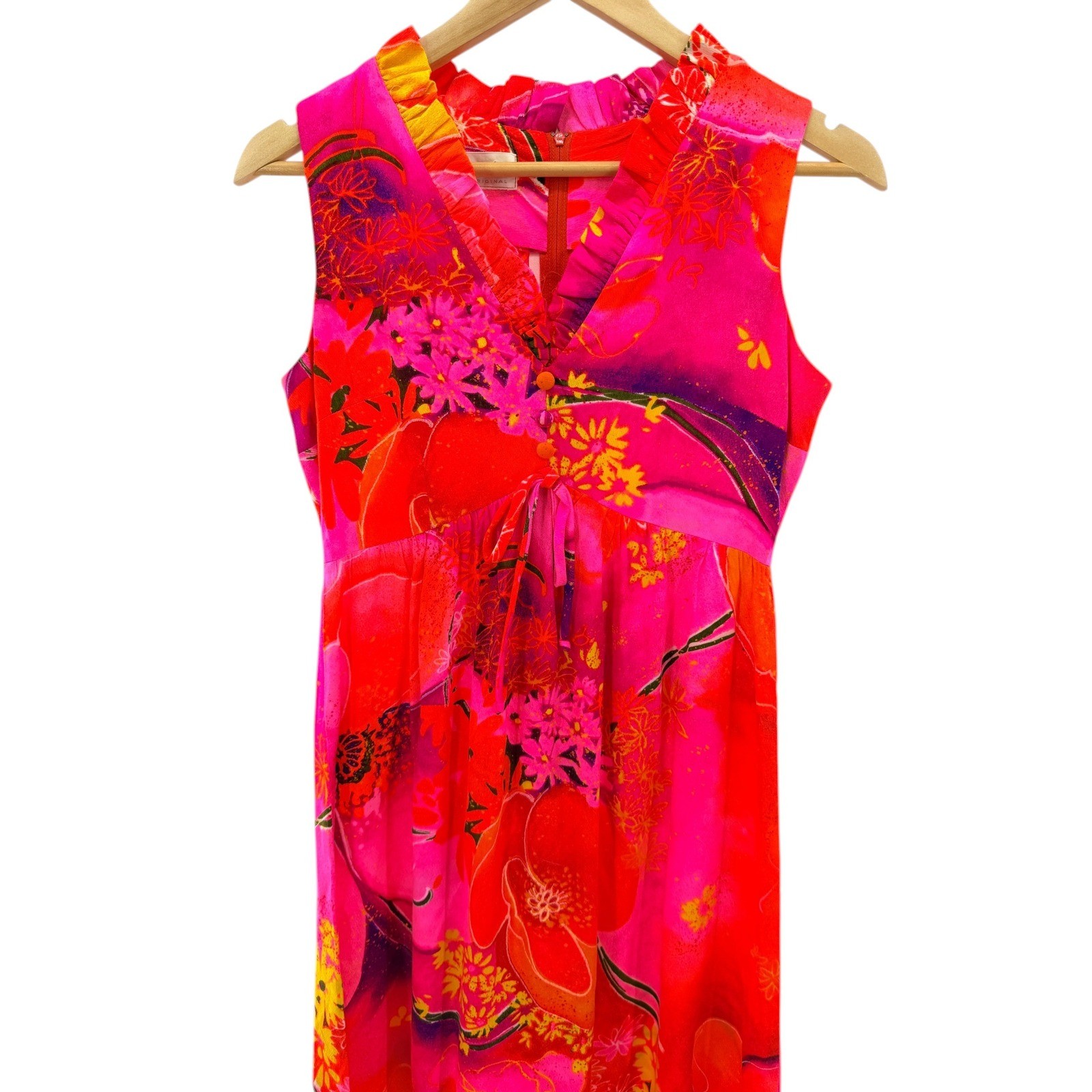 Miss Malina Honolulu Vintage Pink Red Floral Ruffle Maxi Dress Womens 10 12 70s