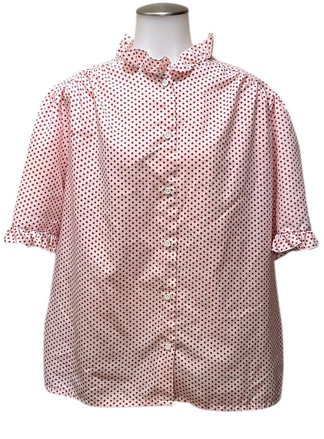 Vtg SEARS The Fashion Place White W/Red Polka Dots Blouse Ruffled Collar