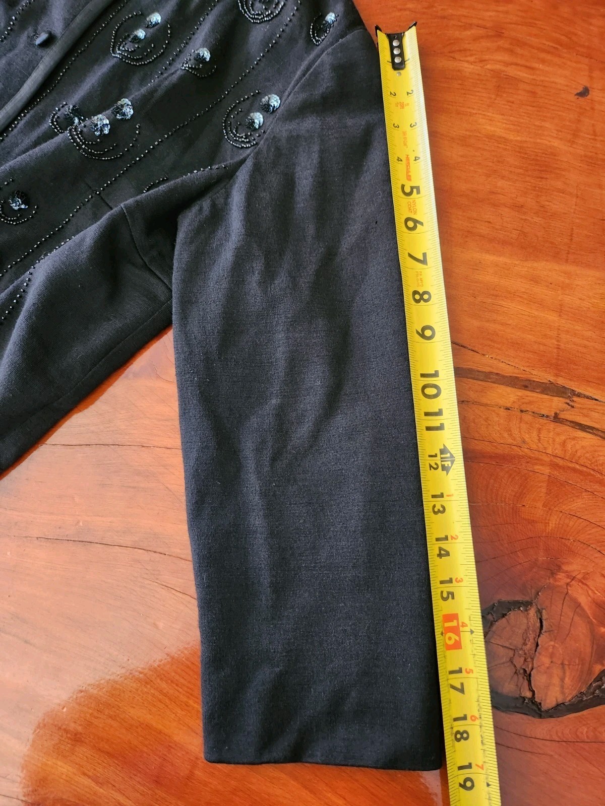 Vintage Gino Paoli Sweater Beaded Black Wool Button Up Knit 3/4 Sleeve Lined