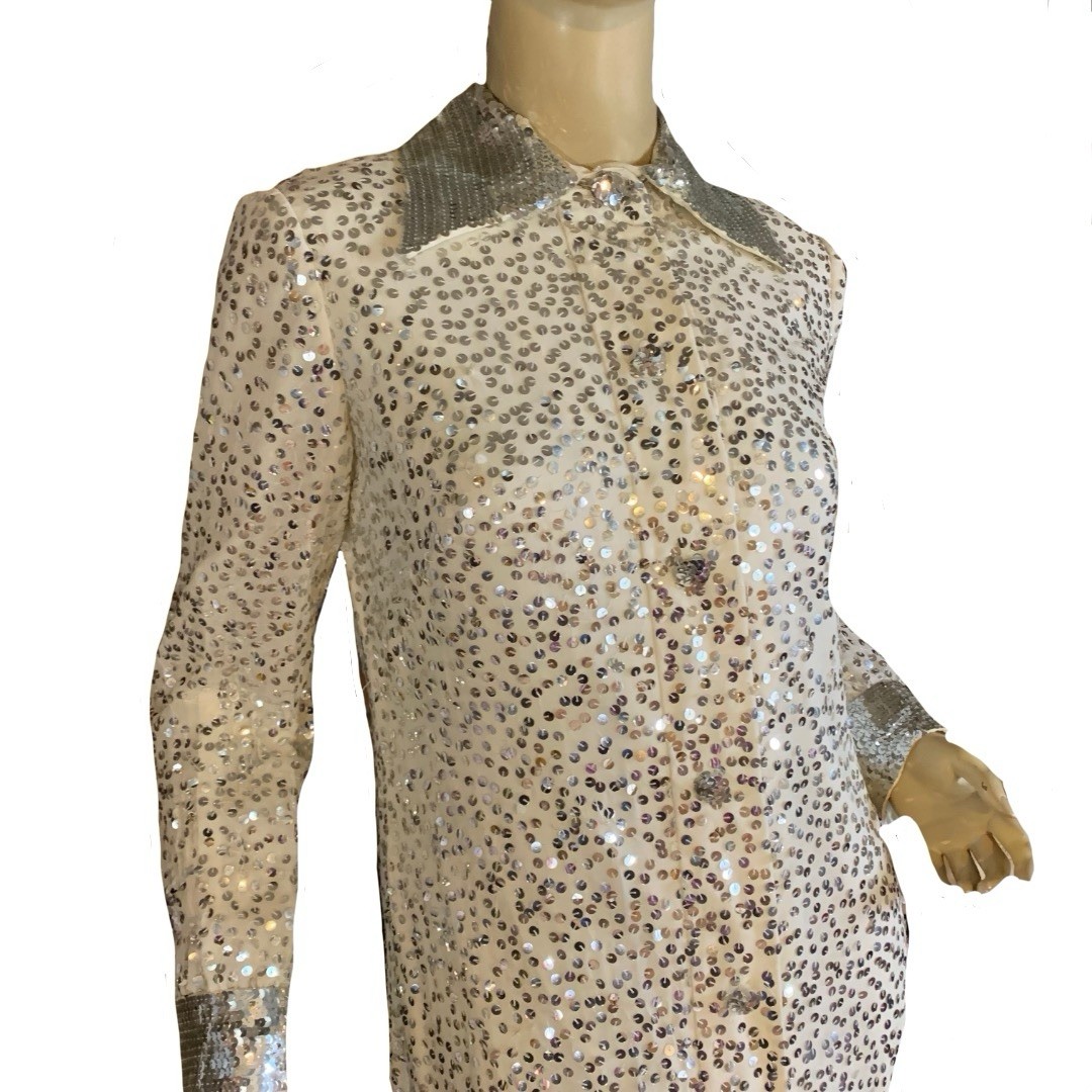 VINTAGE 1960’S CREAM & SILVER SEQUIN LONG SLEEVE PARTY DRESS SIZE SMALL