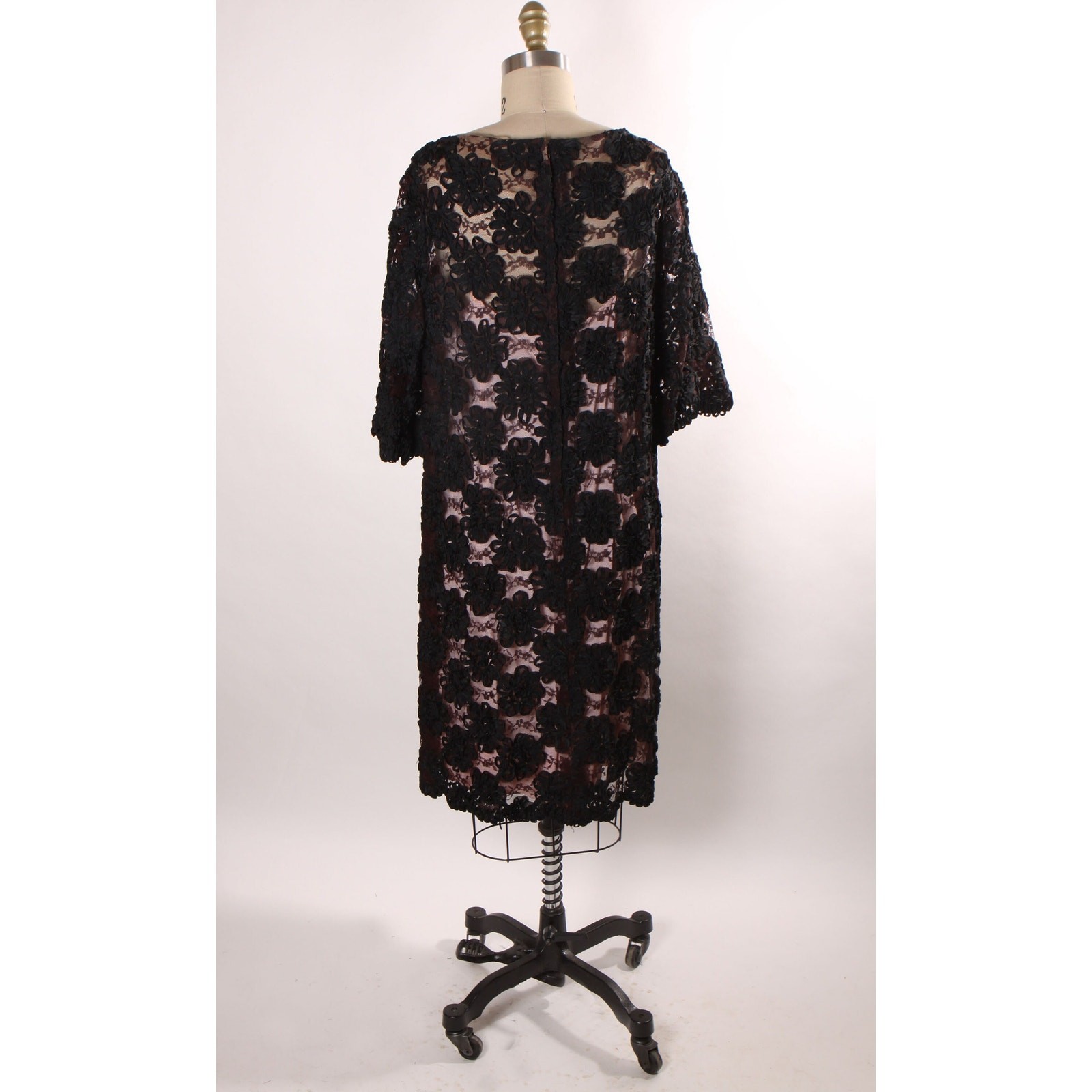 1960s Sheer Black Floral Lace Overlay Dress with Two Slips in Pink and Black