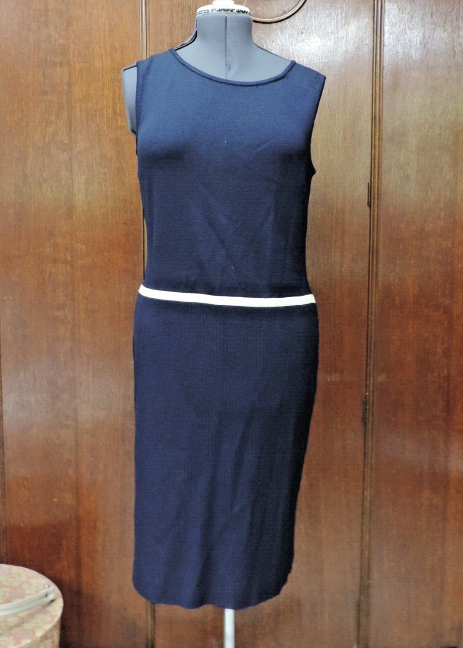 1990s Saint John Knits Nautical Drop Waist Navy/White Knit Dress Sz 12 B40 W34