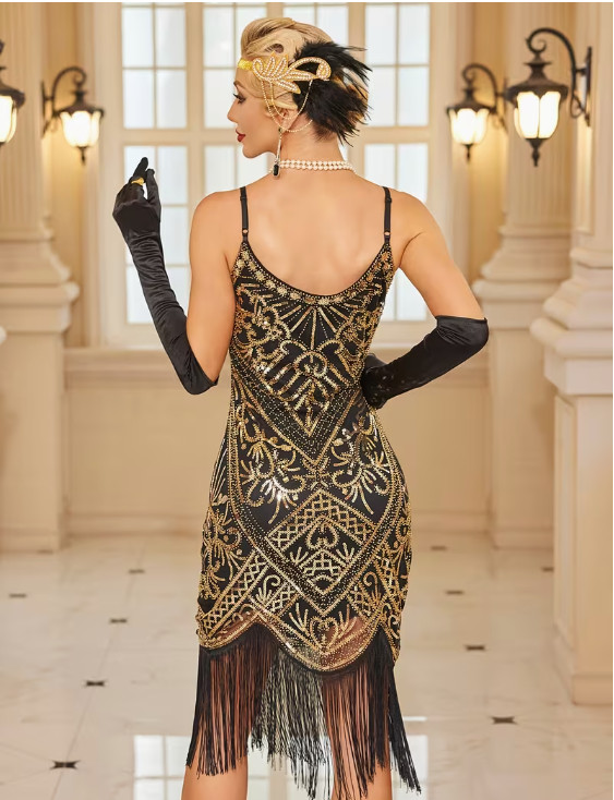 FLAPPER 1920s DRESS-Sequin, Fringed Gatsby Ball Dress, Beaded Applique