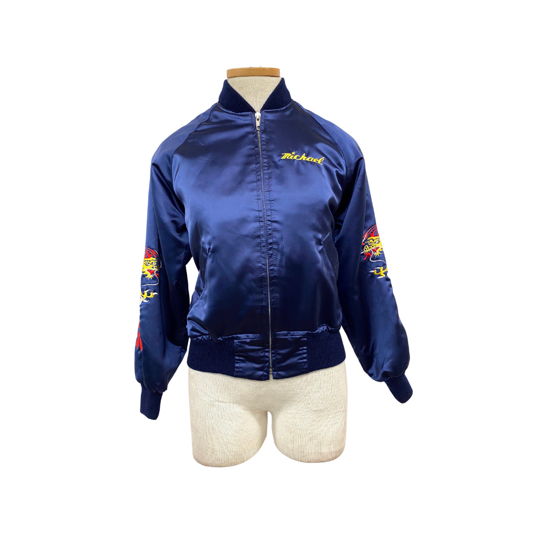 Vtg Vintage 1980s 80s Navy Dragon Embroidered Korean Souvenir Bomber Jacket