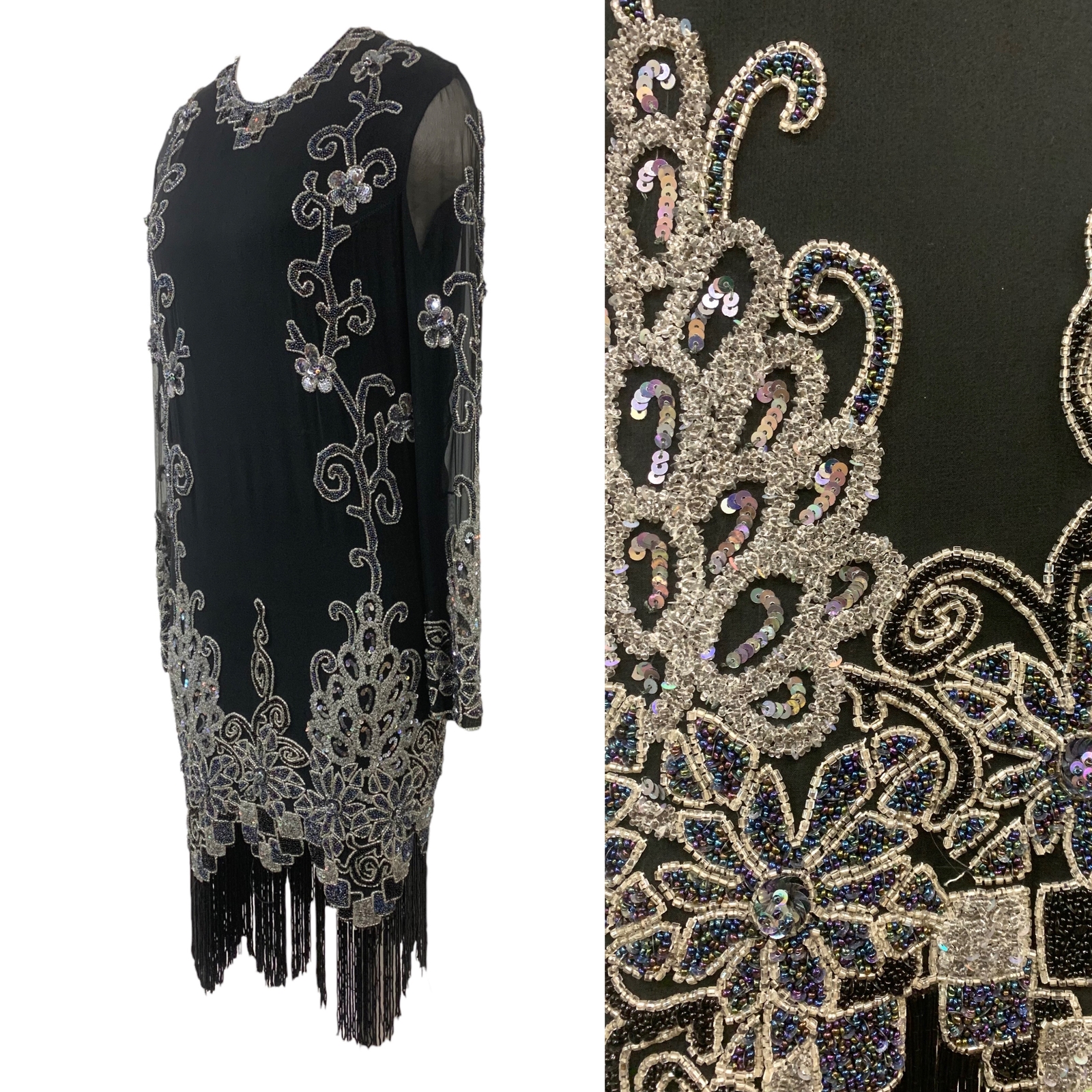 Vtg Vintage 1980s 80s Designer Riazee 1920s 20s Deco Flapper Beaded Fringe Dress