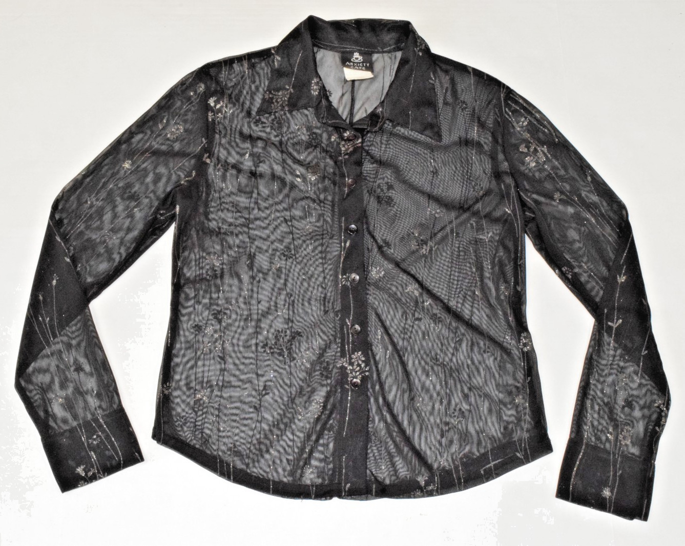 Vintage Top Anxiety Cafe Size L 90s Sheer Black Silver Glitter Flowers Made USA