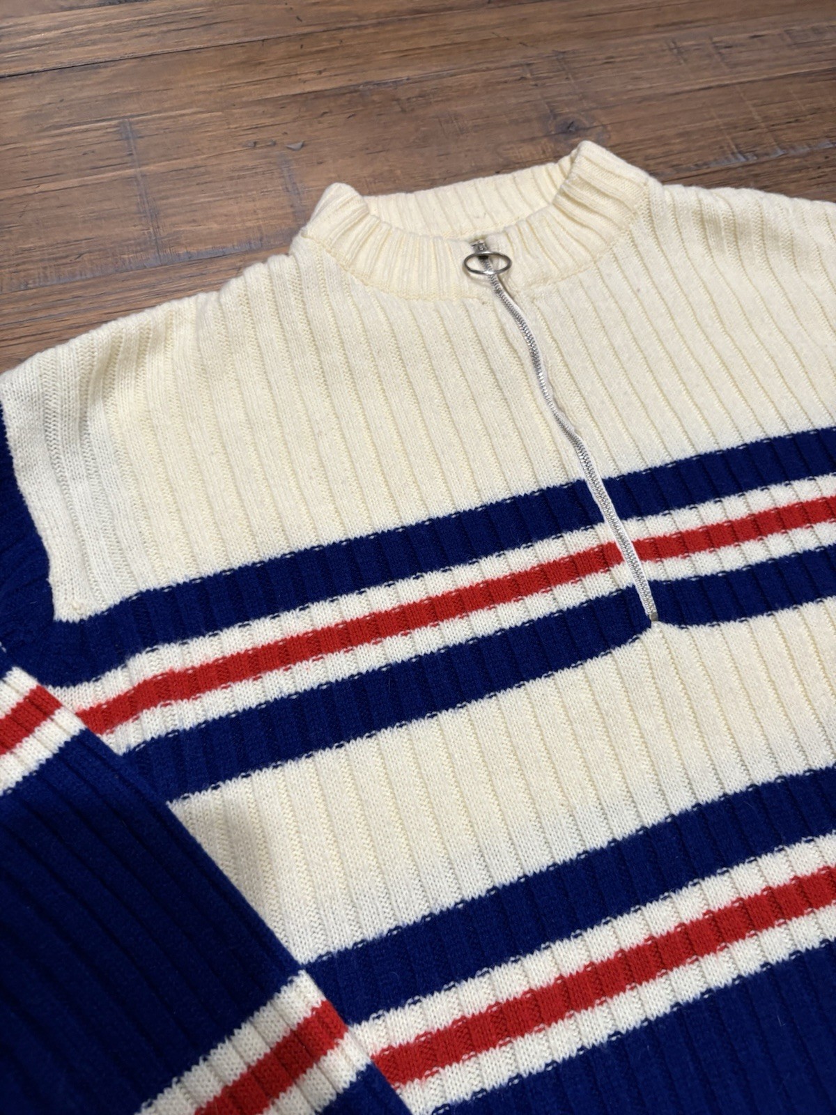 Vintage 60s 70s Women’s 1/4 Zip Striped Mock Neck Sweater Darwin Size XL