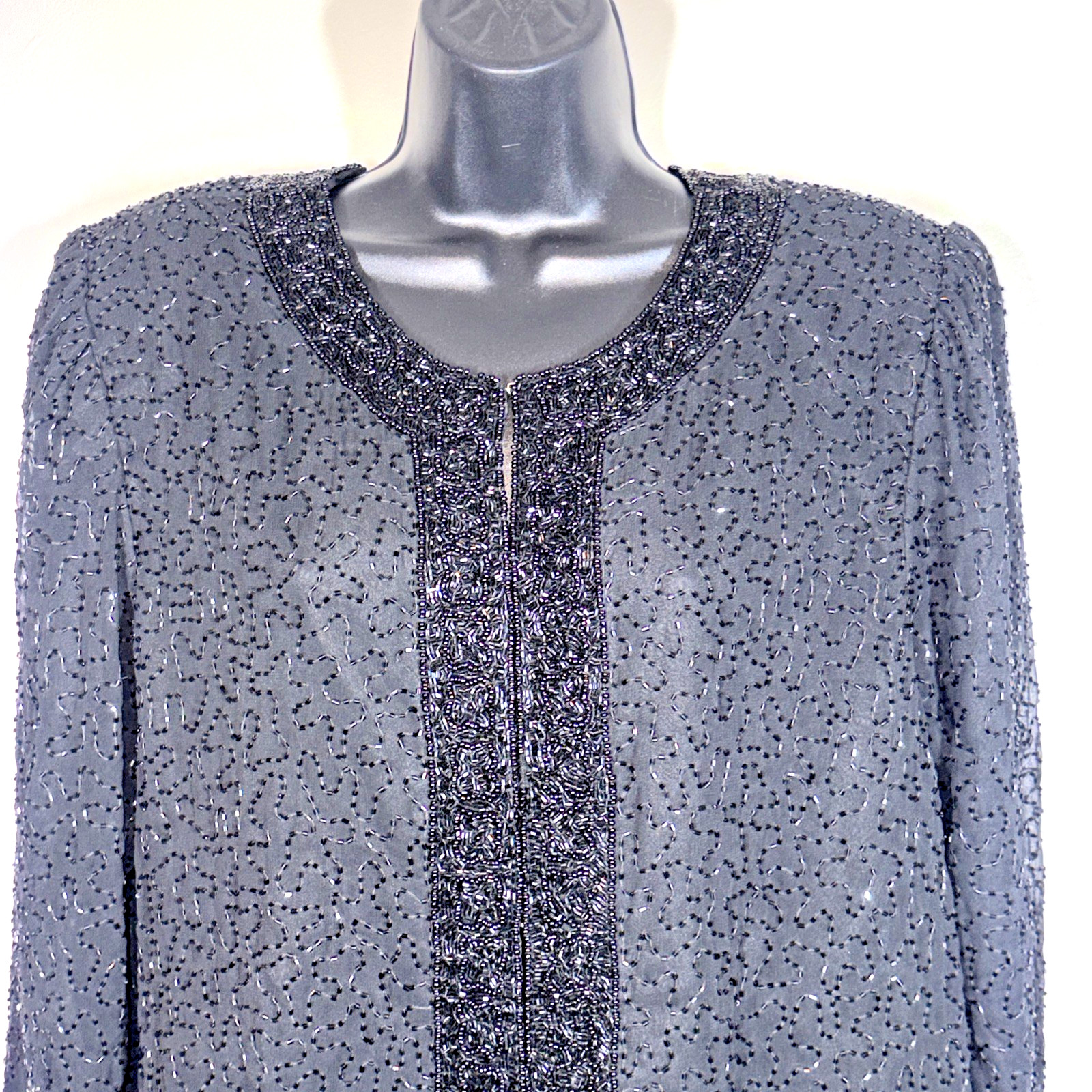 Laurence Kazar Jacket L black fully Beaded Party Mother Cocktail Formal vtg blac