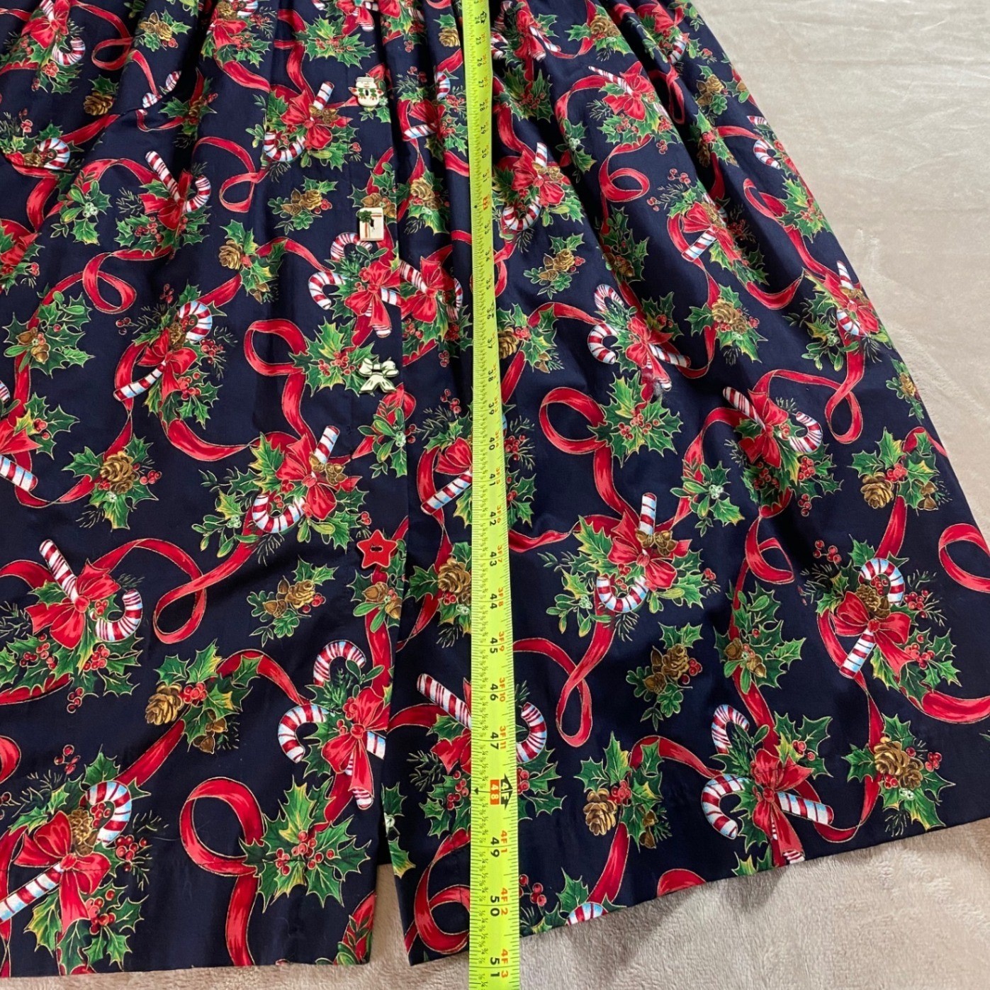 Vintage Dogwood Lane Christmas Dress Womens Medium Navy Blue Novelty Button Midi