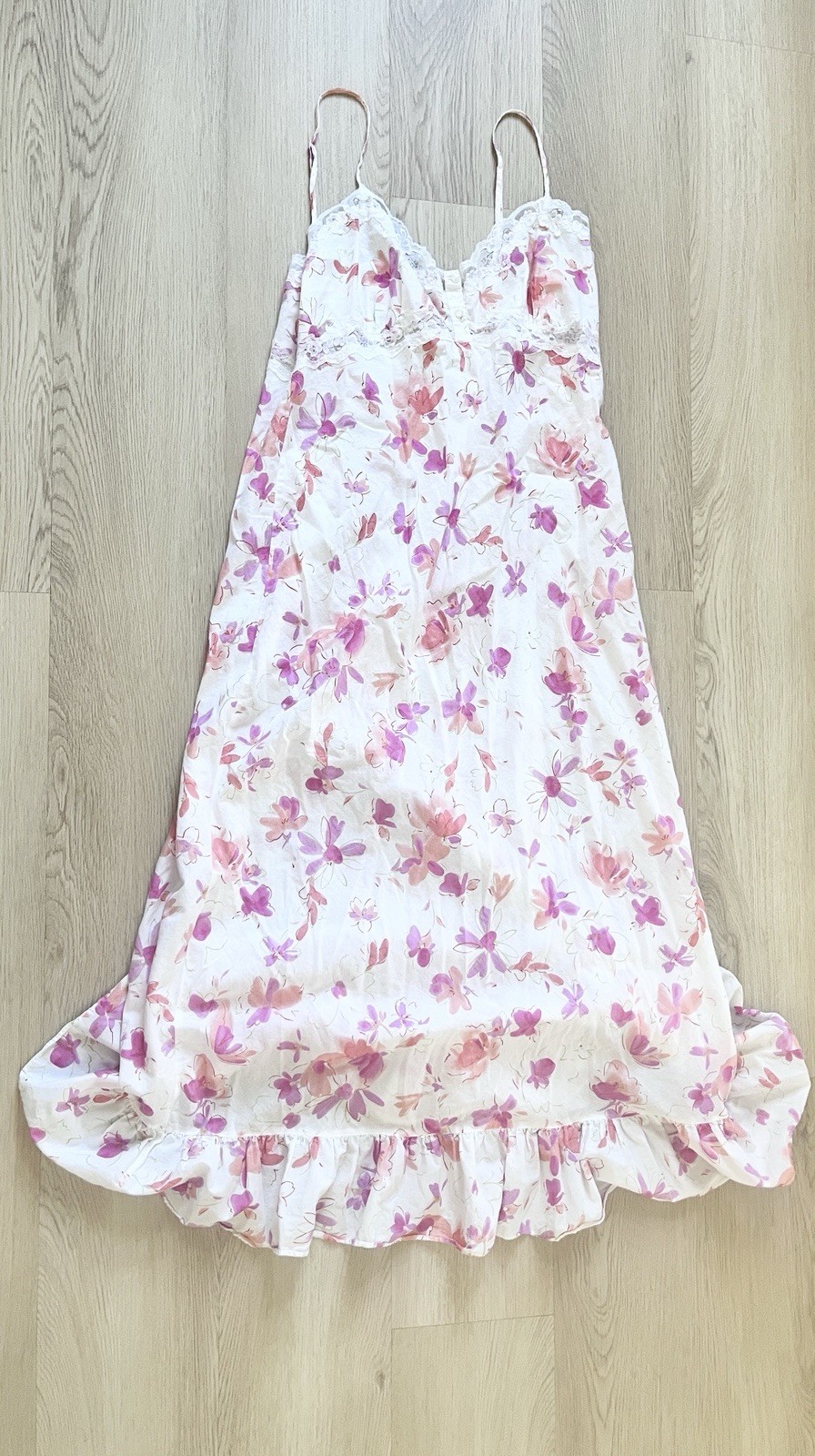 Vtg Cottage Core VIctoria Secret Cotton Slip Maxi Dress Lace Trim Ruffle LARGE