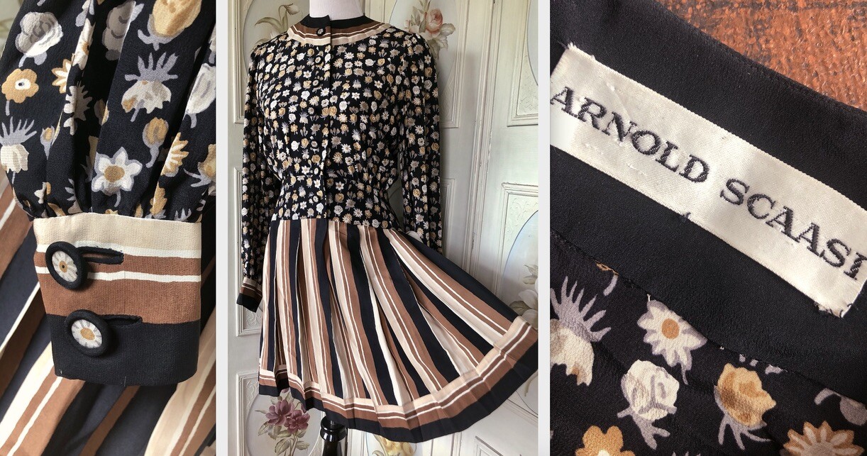 VTG ARNOLD SCAASI 100% SILK MINI DRESS BLACK BROWN FLORAL STRIPE MOD TWIGGY GUC