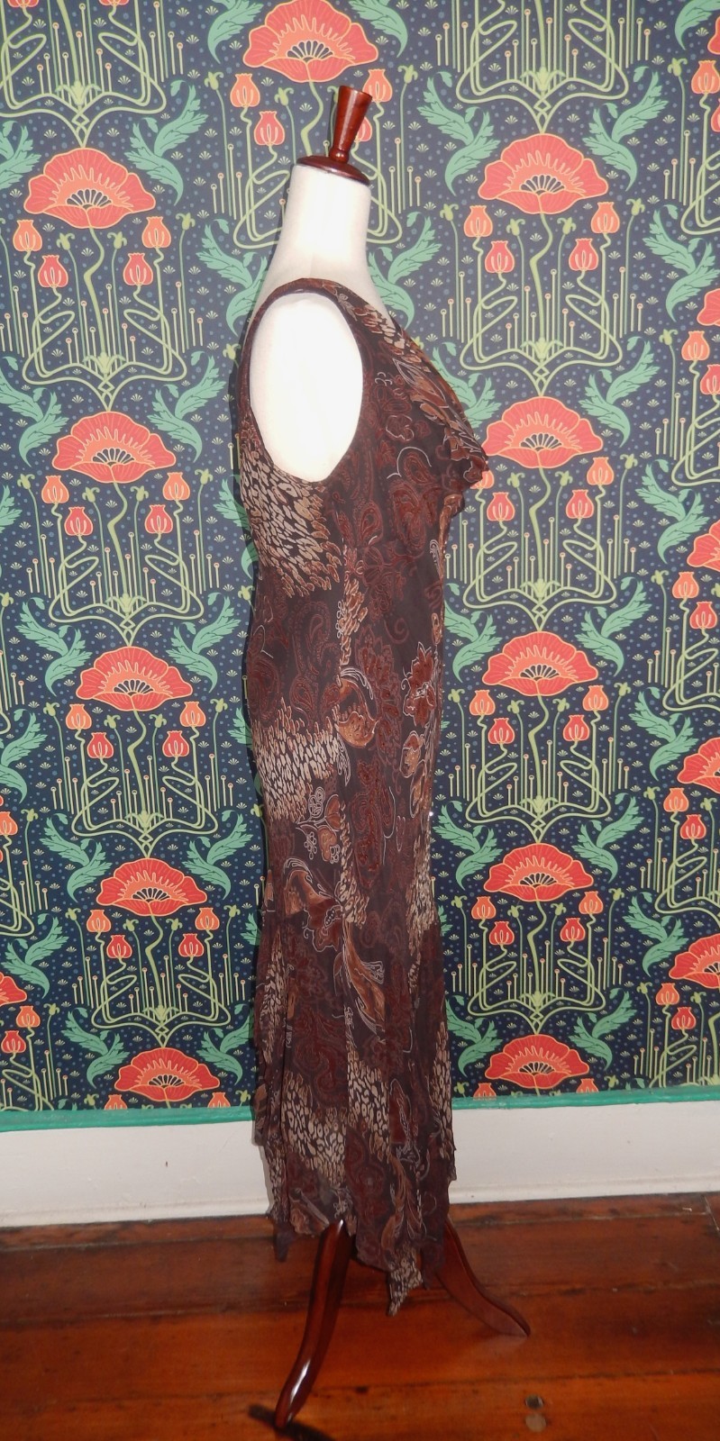 Vintage Y2K Cowl Neck Dark Brown Sequin Beaded Pointy Hem Slip Dress Cocktail
