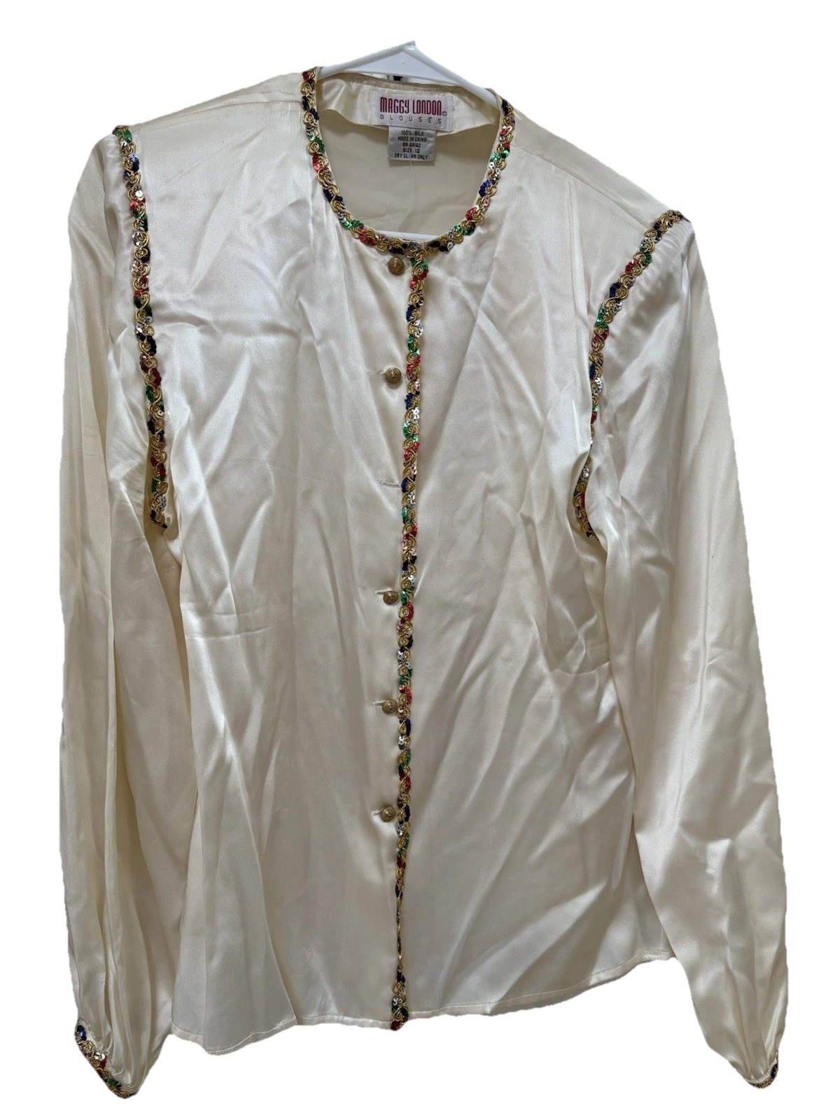 Vintage Maggy London 100% Silk Sequin Blouse Button Up Champagne Color M/L