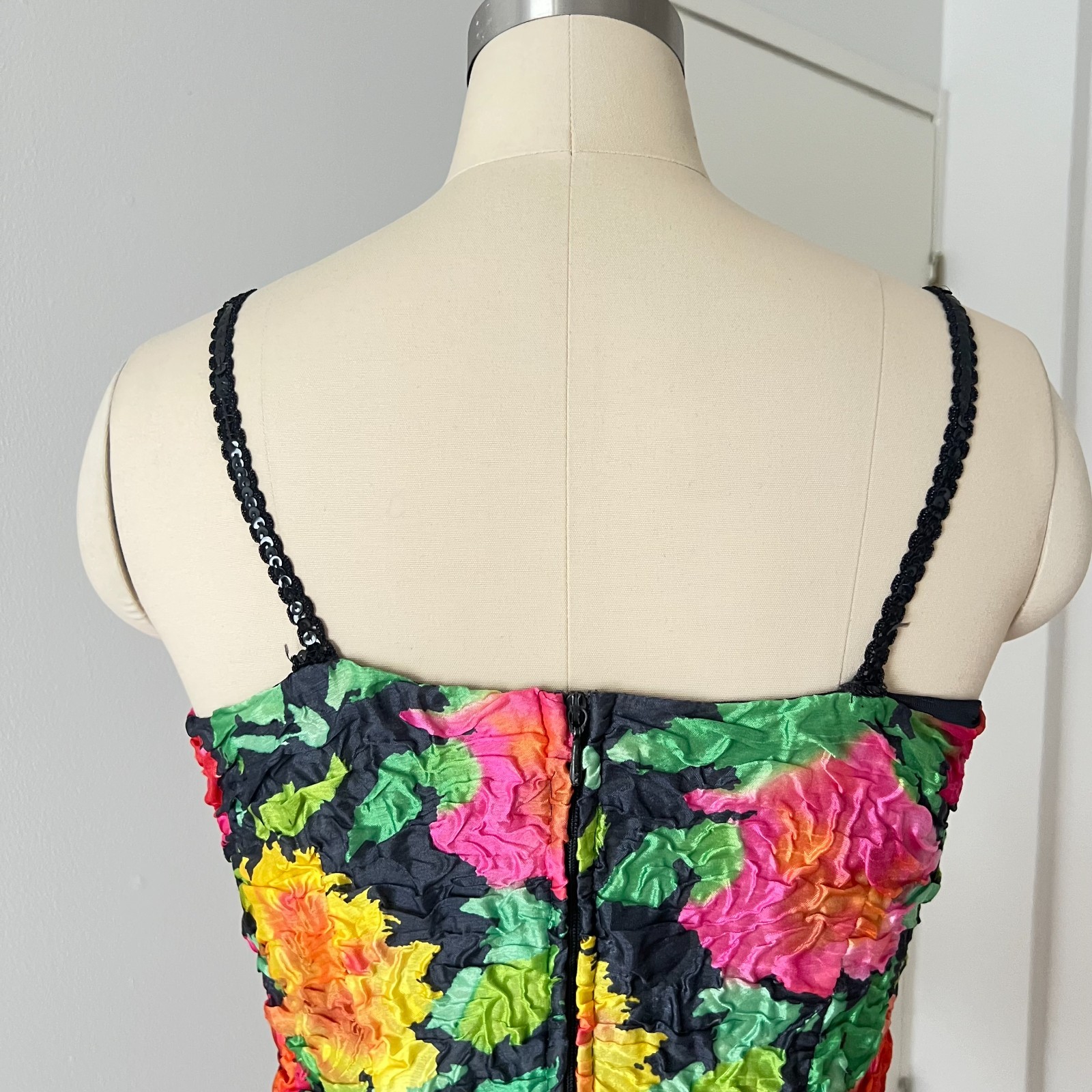 1980s Floral Taffeta Cocktail Party Dress Tiered Spaghetti Straps Prom Evening