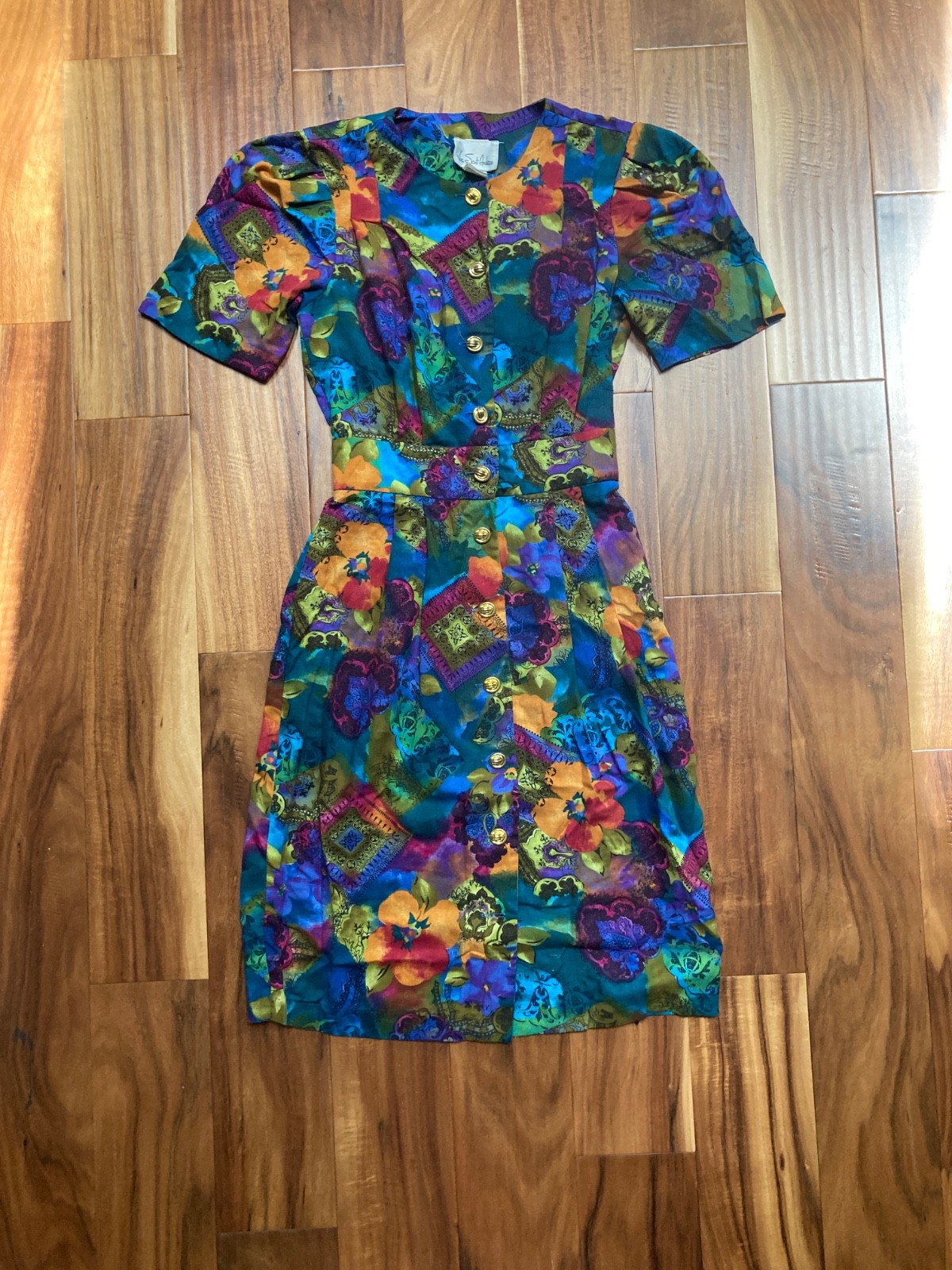 Vintage 80s Via Sant Andrea Blue Purple Orange Floral Dress Button Front Sz 4P
