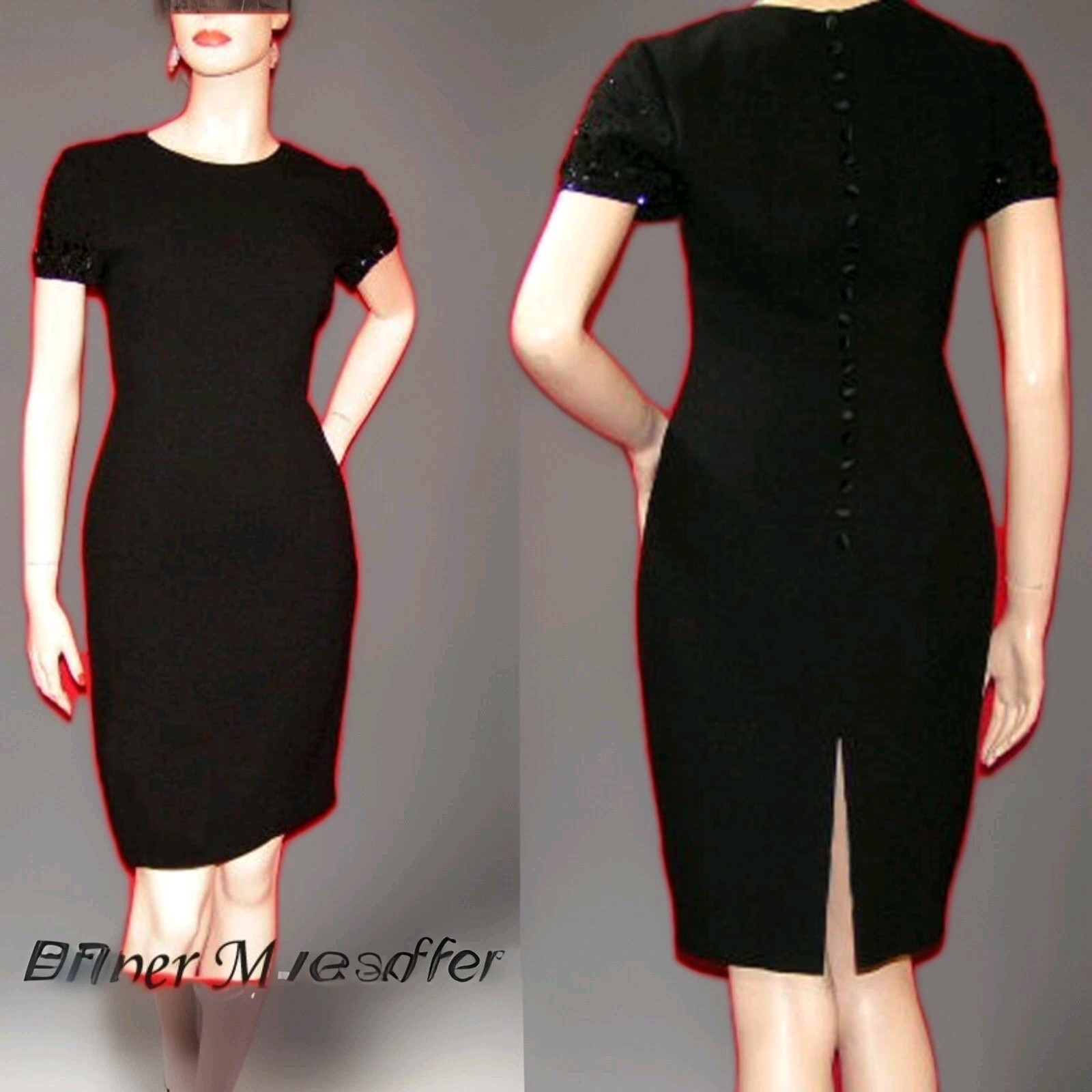 Vintage Donna Morgan Little Black Lined Satin Button Back Sequins Sleeve Dress