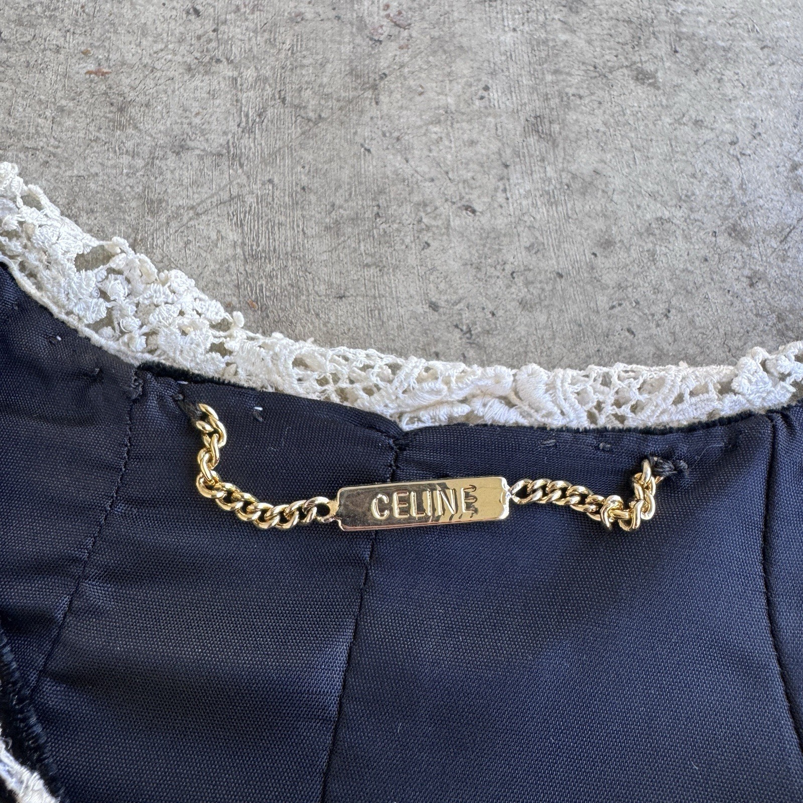 Vtg 80s Celine Velvet Blouse Lace Peter Pan Collar Jacket Tie Ribbon Silk Paris