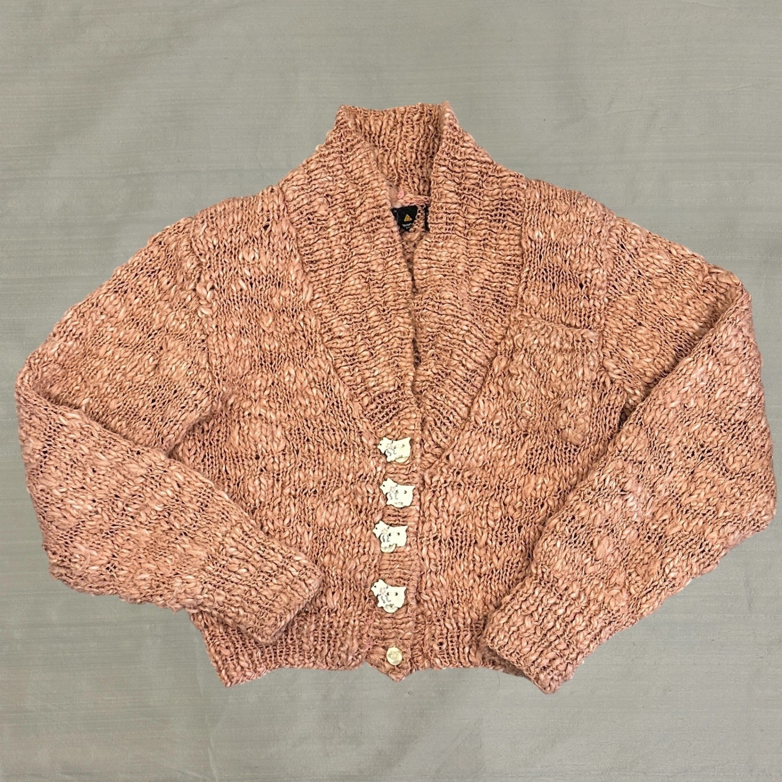 VTG 90s Liz Claiborne Coral Pink Chunky Knit Cardigan SCOTTIE DOG Buttons Small