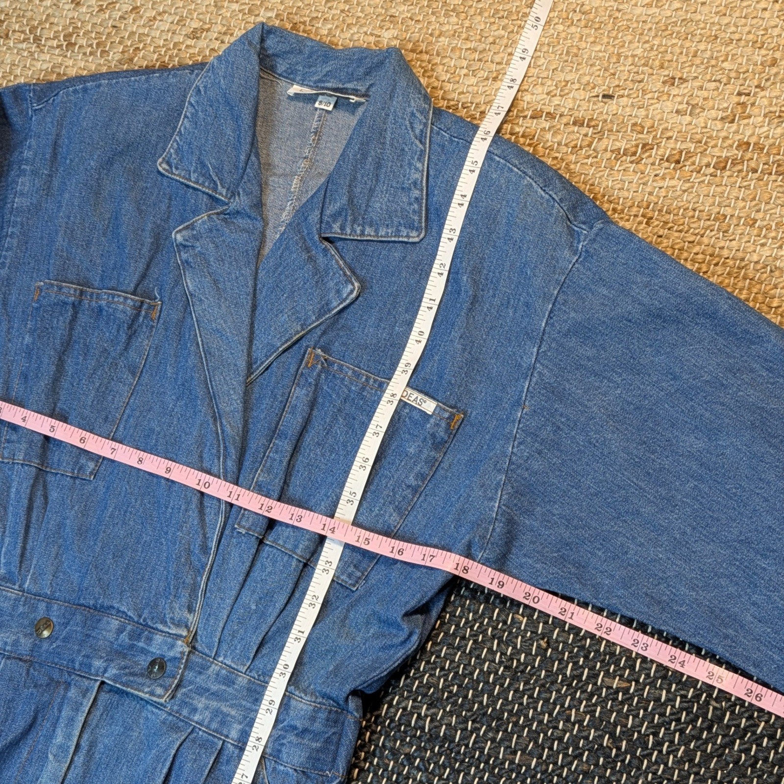 Vintage Ideas Denim Midi Dress Blue Wash 3/4 Sleeve Button Waist Size 9/10 80s