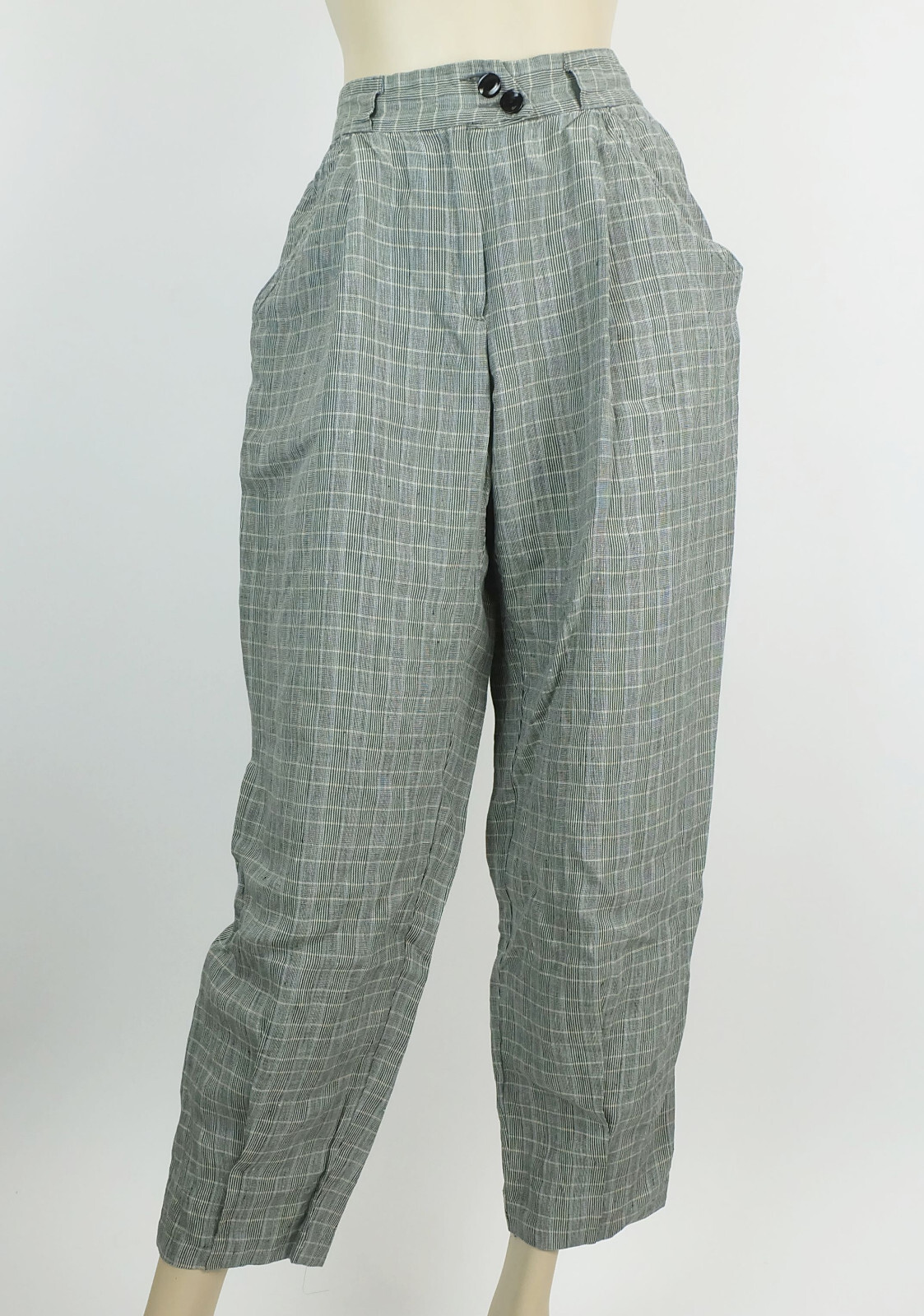 Vintage 1980s Linen Pants RENE LEZARD Plaid Cuffed Wide Leg Pants 38/40