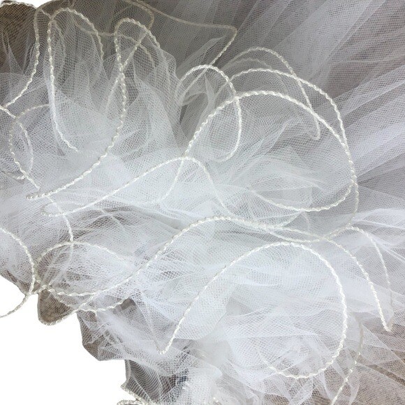 Vintage Wedding Veil Mid Length Tulle Tiny White Seed Pearls Headband 41” White