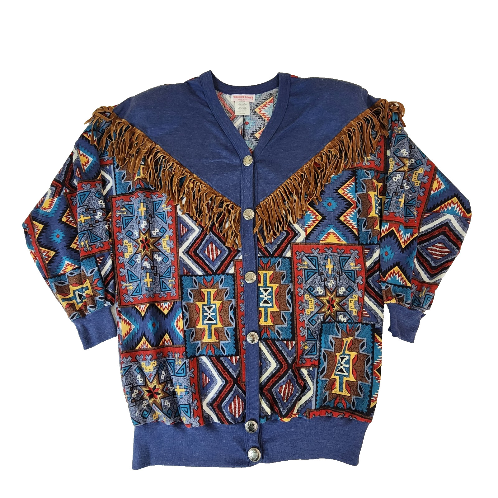 Young Stuff Womens Western Fringe Cardigan Size L Multicolor Aztec Print #2060