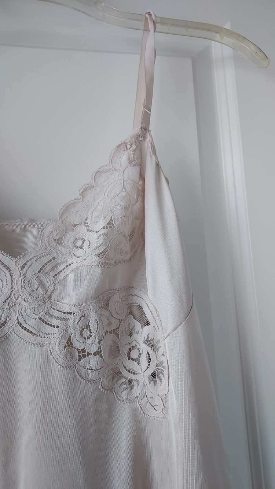 Vintage Slip Chemise Vanity Beige Ecru Nylon Antron III Lace Trim 36 Coquette