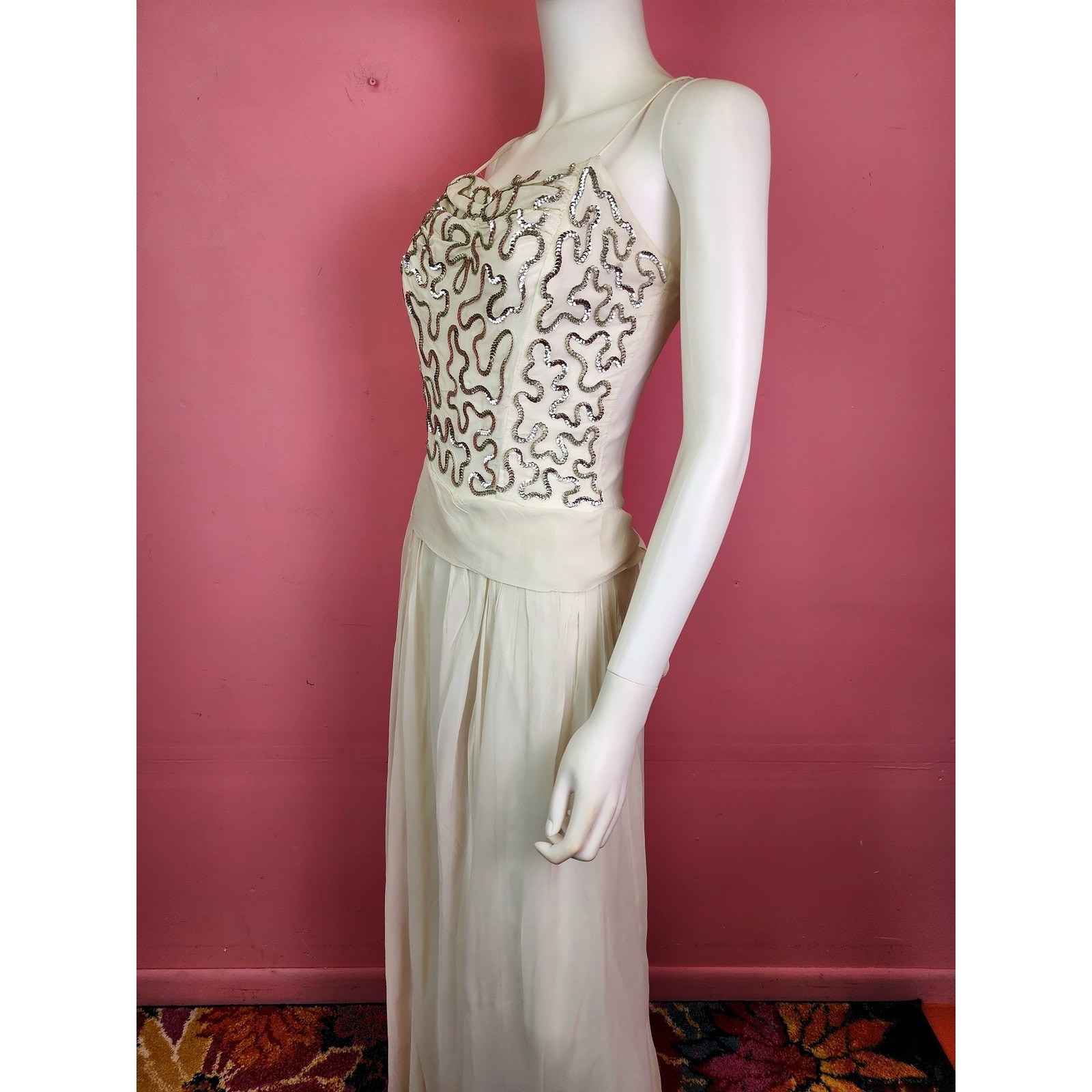 Vintage Late 1940’s White and Silver Sequin Bodice Chiffon Gown with Bow Back