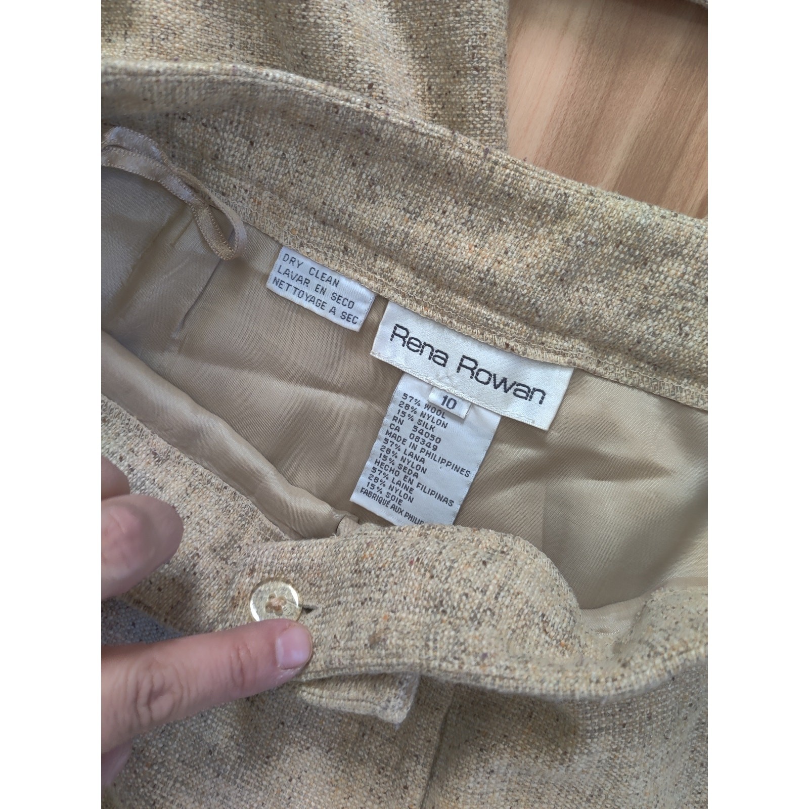 Vintage Rena Rowan Womens Tan Wool Blend Blazer & Pants Size 8/10 Suit Set Tweed